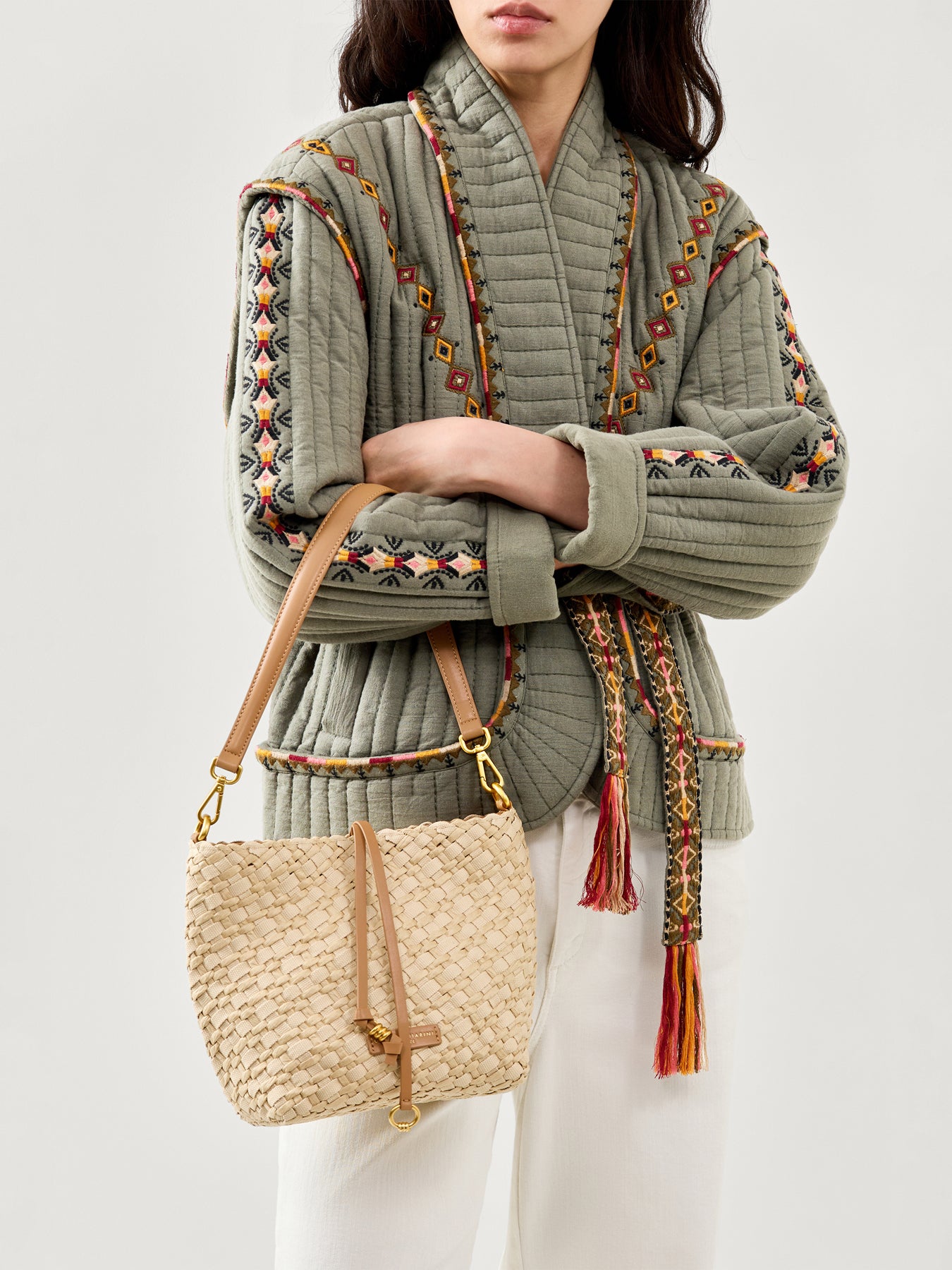 Mercy Straw Bucket Shoulder Bag Beige