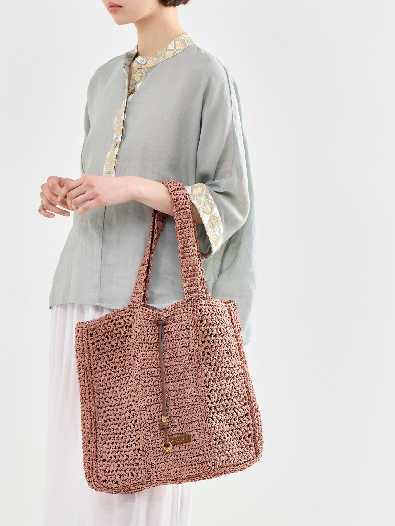 Nefeli Square Paper Straw Tote Bag Pink