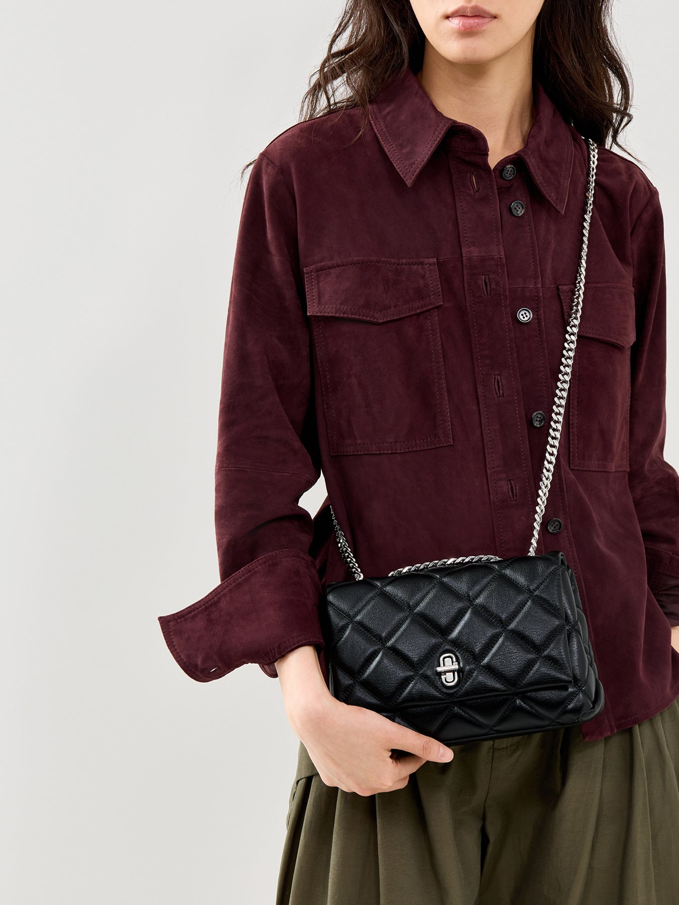 Slim Dual Chain Leather Shoulder Bag Black