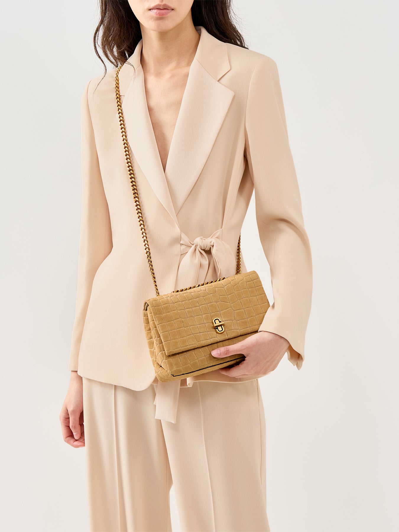 Slim Dual Chain Suede Shoulder Bag Tan