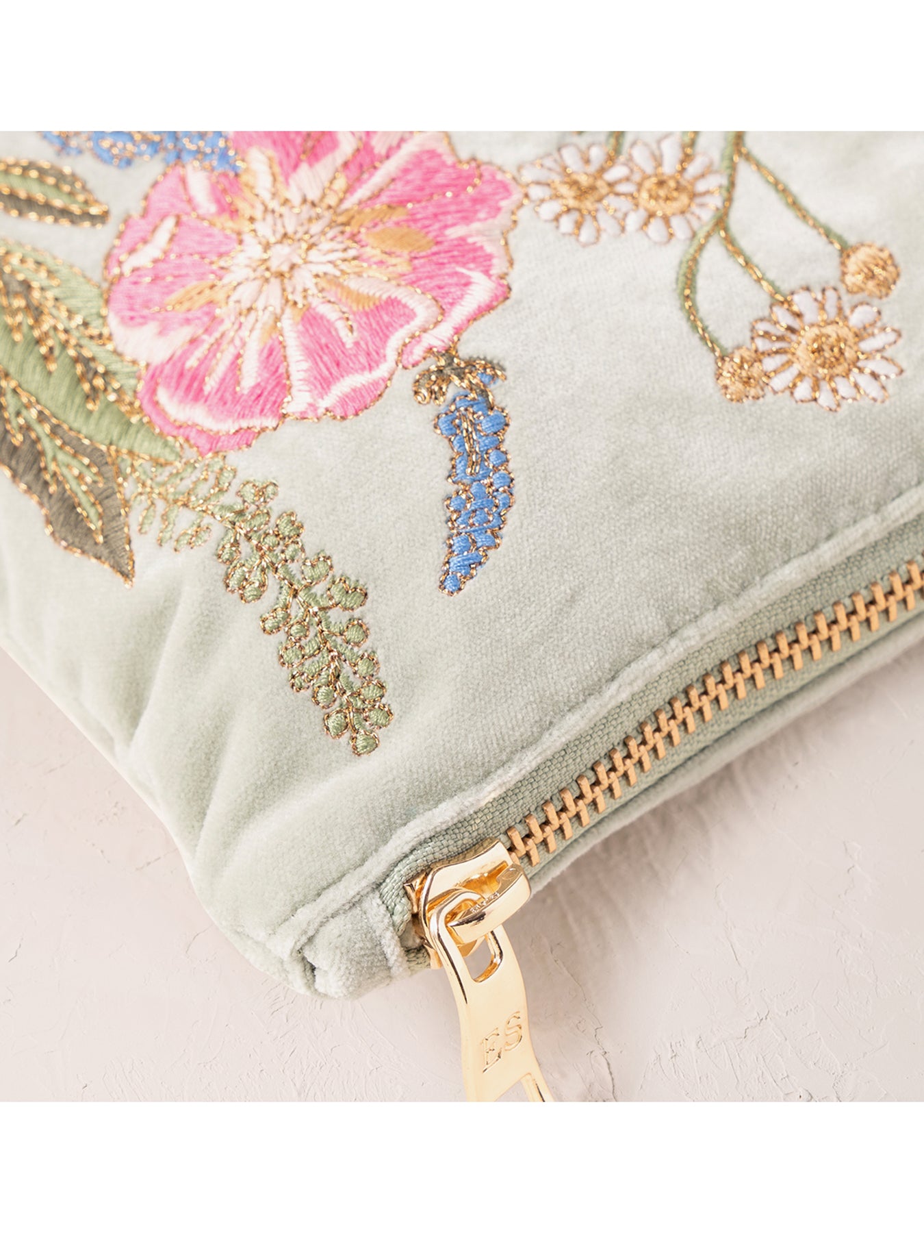 Pressed Flowers Velvet Everyday Pouch Sage