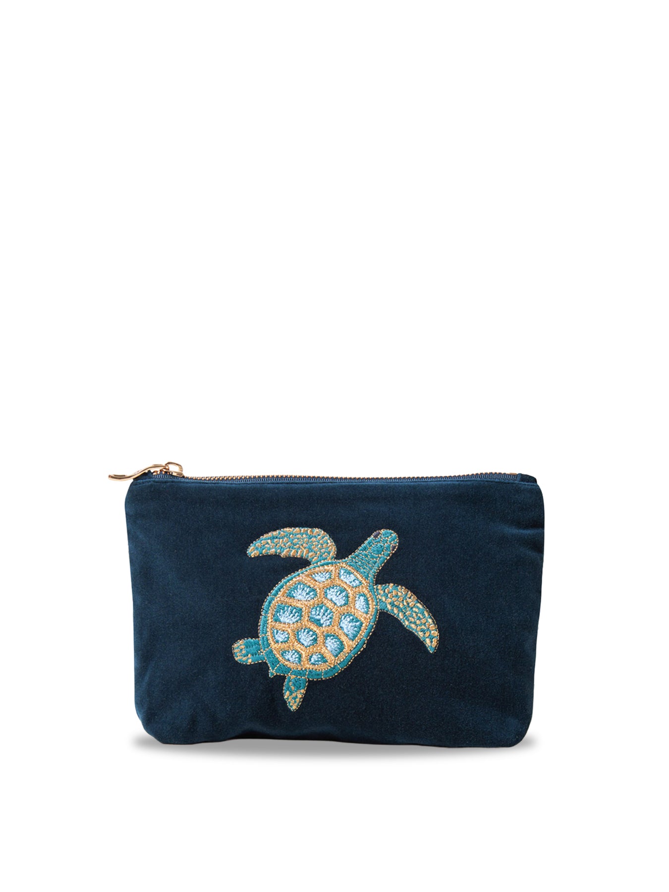 Swimming Turtle Velvet Mini Pouch Marine Navy