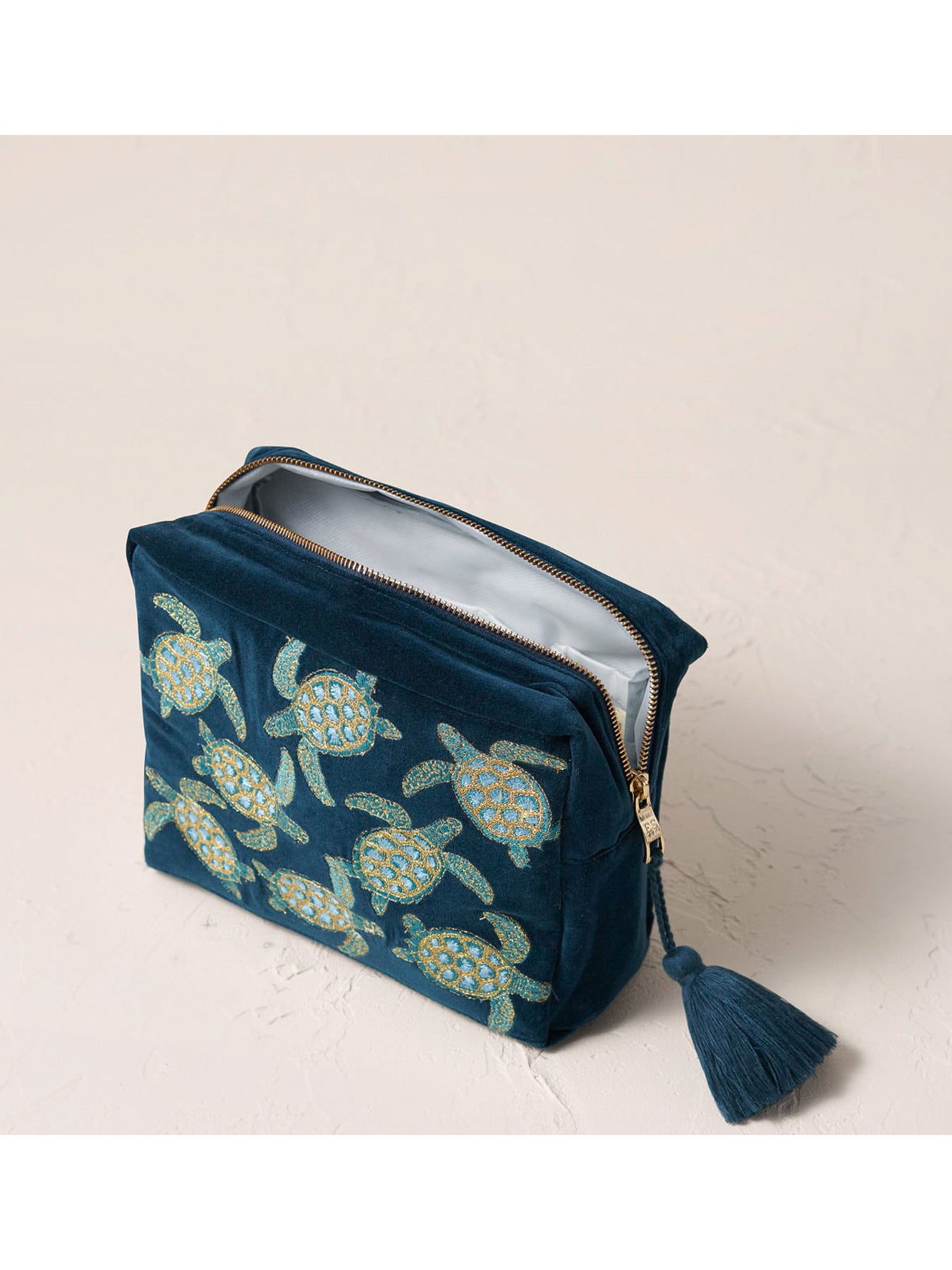 Swimming Turtle Velvet Wash Bag Marine Navy