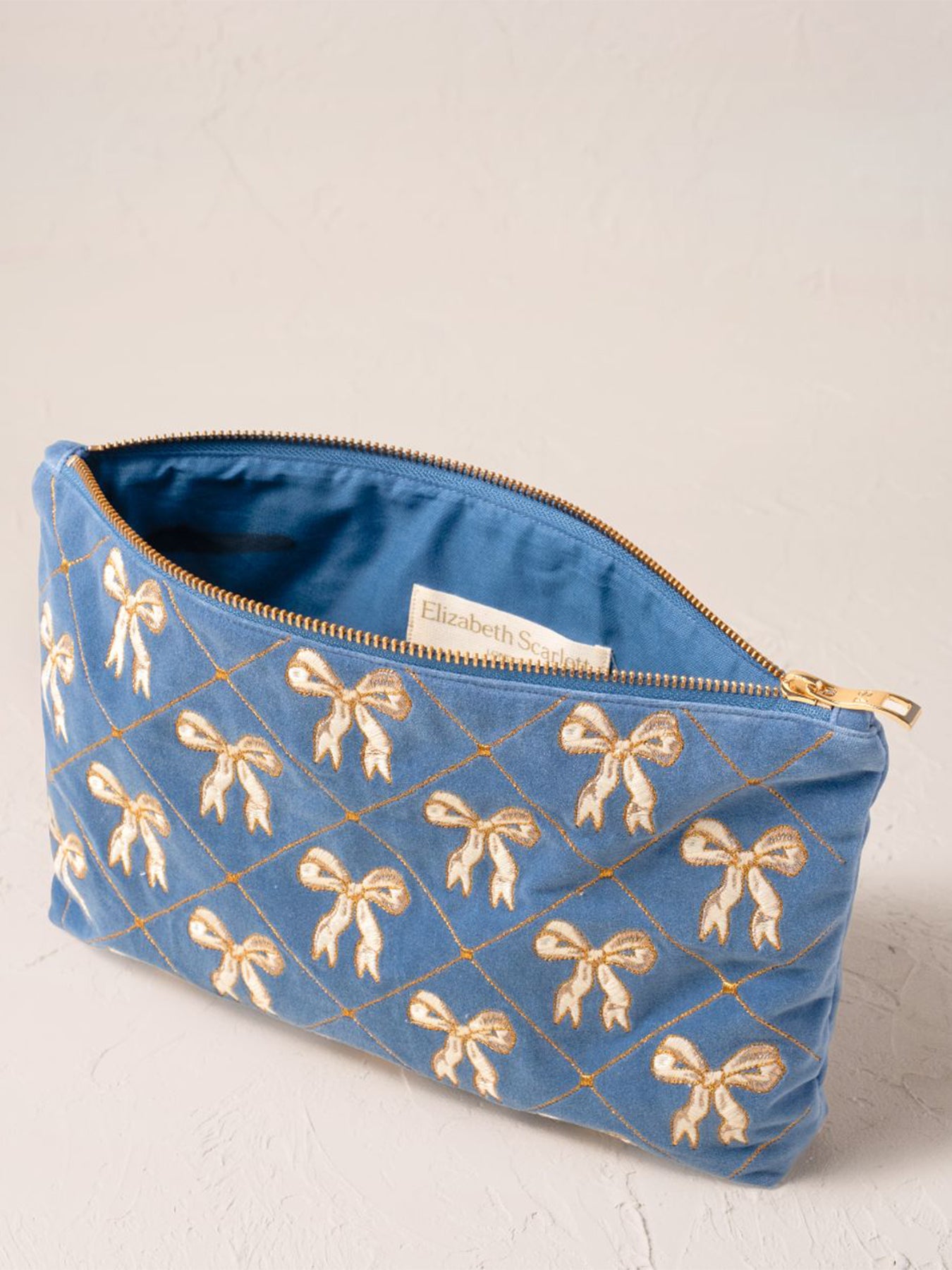 Lattice Bows Velvet Everyday Pouch Dusky Blue