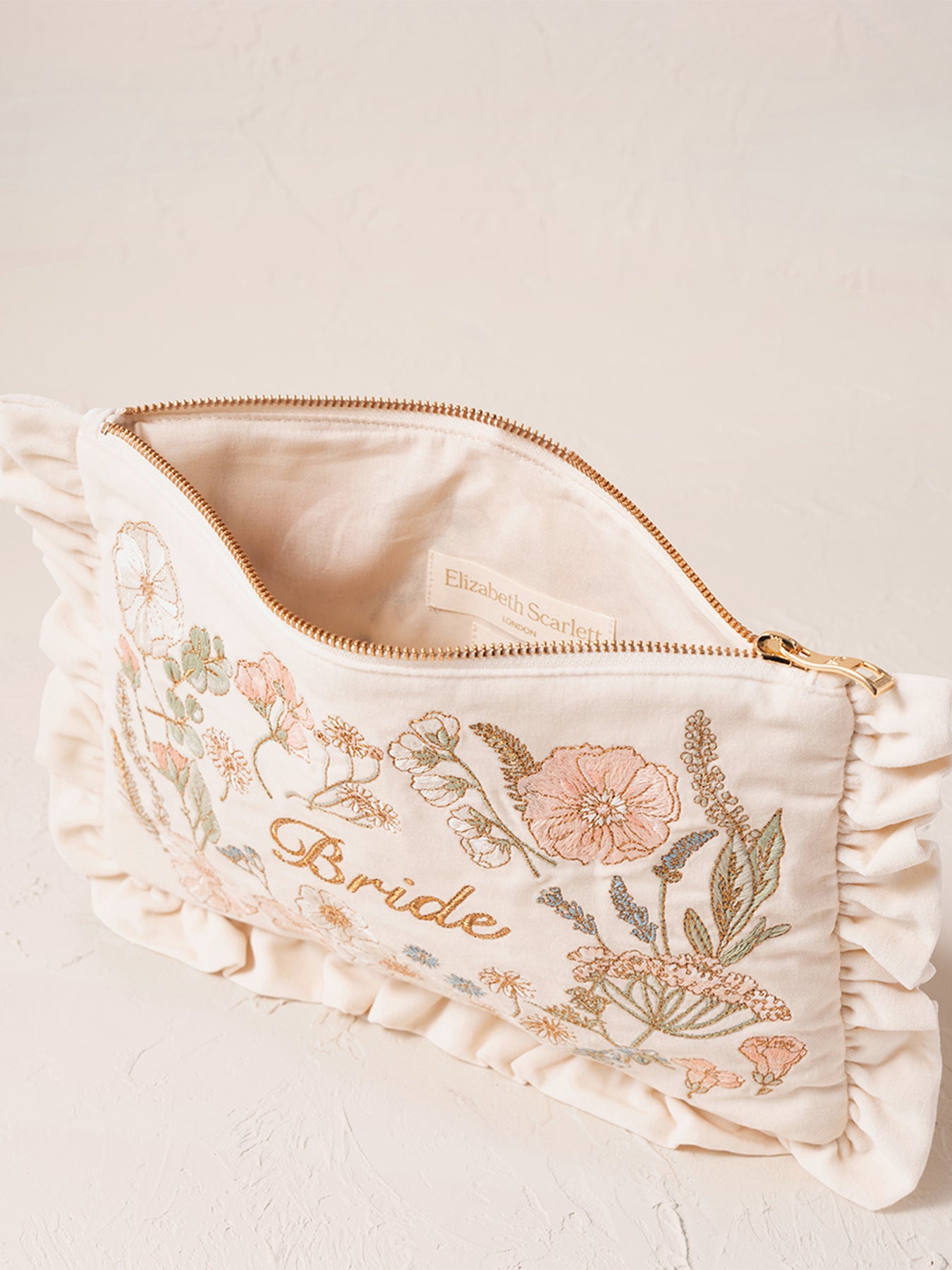 Pressed Flowers Bride Velvet Frill Pouch Cream