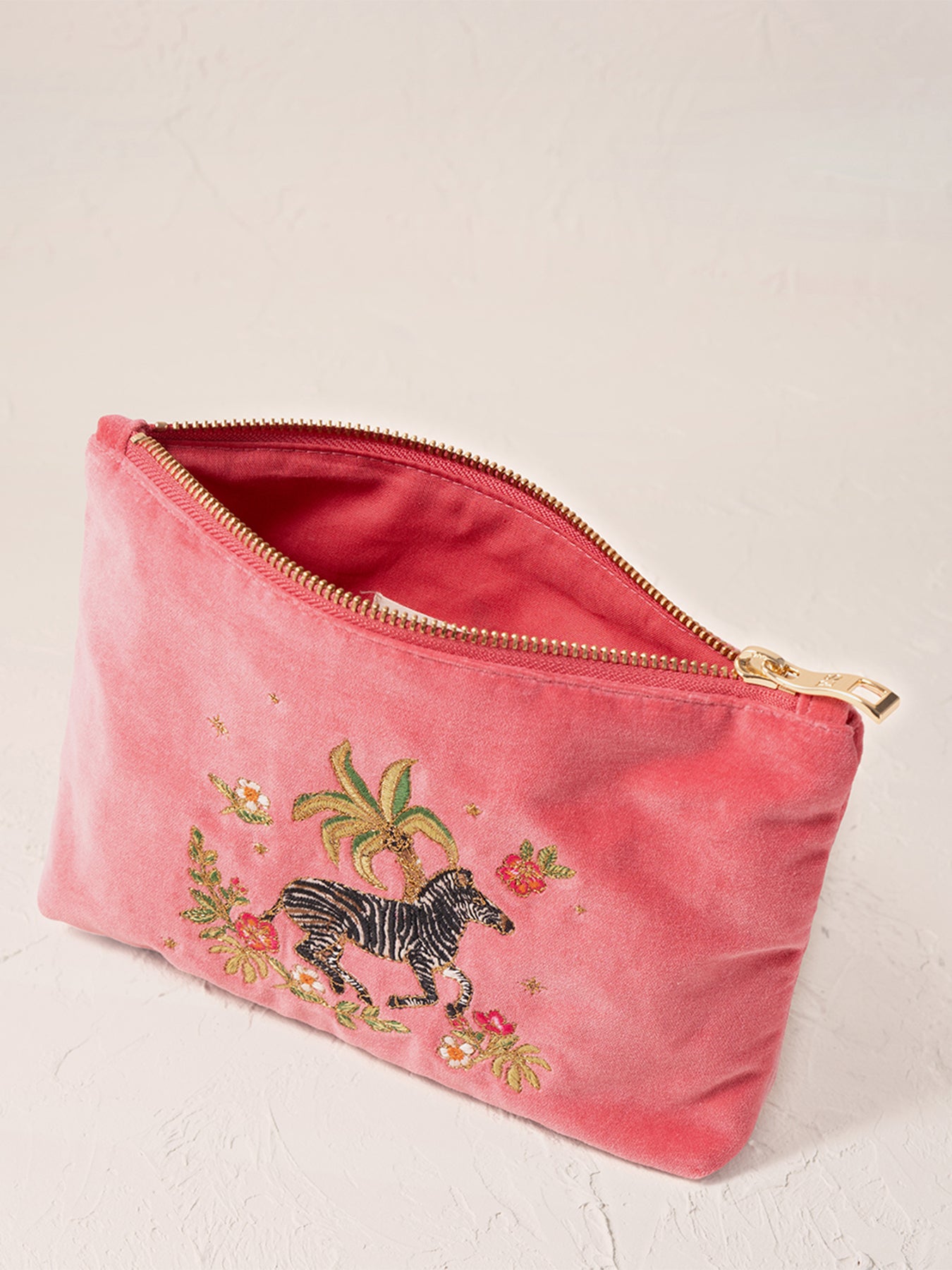 Wild Zebra Palm Velvet Mini Pouch Blush Pink