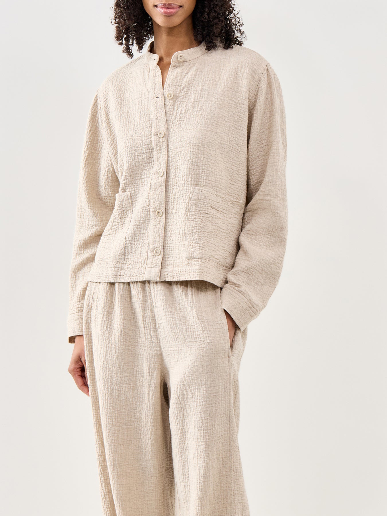 Mandarin Collar Shirt Jacket Beige
