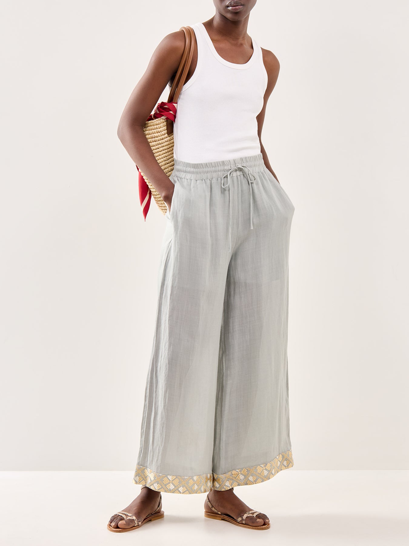 Wide Leg Cropped Linen Trousers Grey