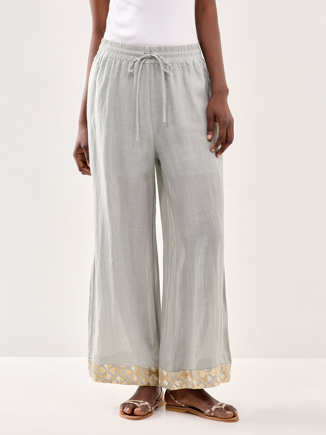 Wide Leg Cropped Linen Trousers Grey