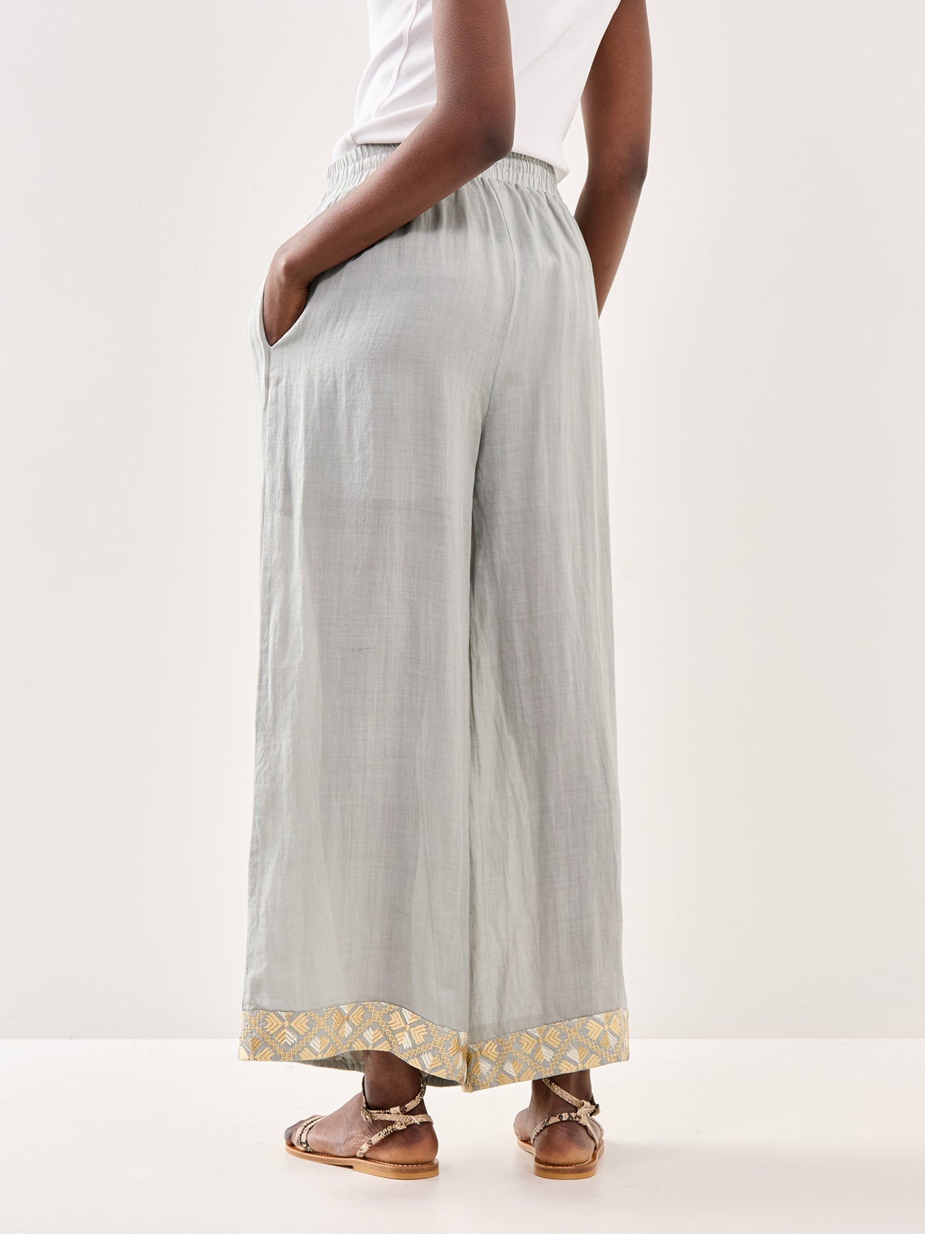 Wide Leg Cropped Linen Trousers Grey