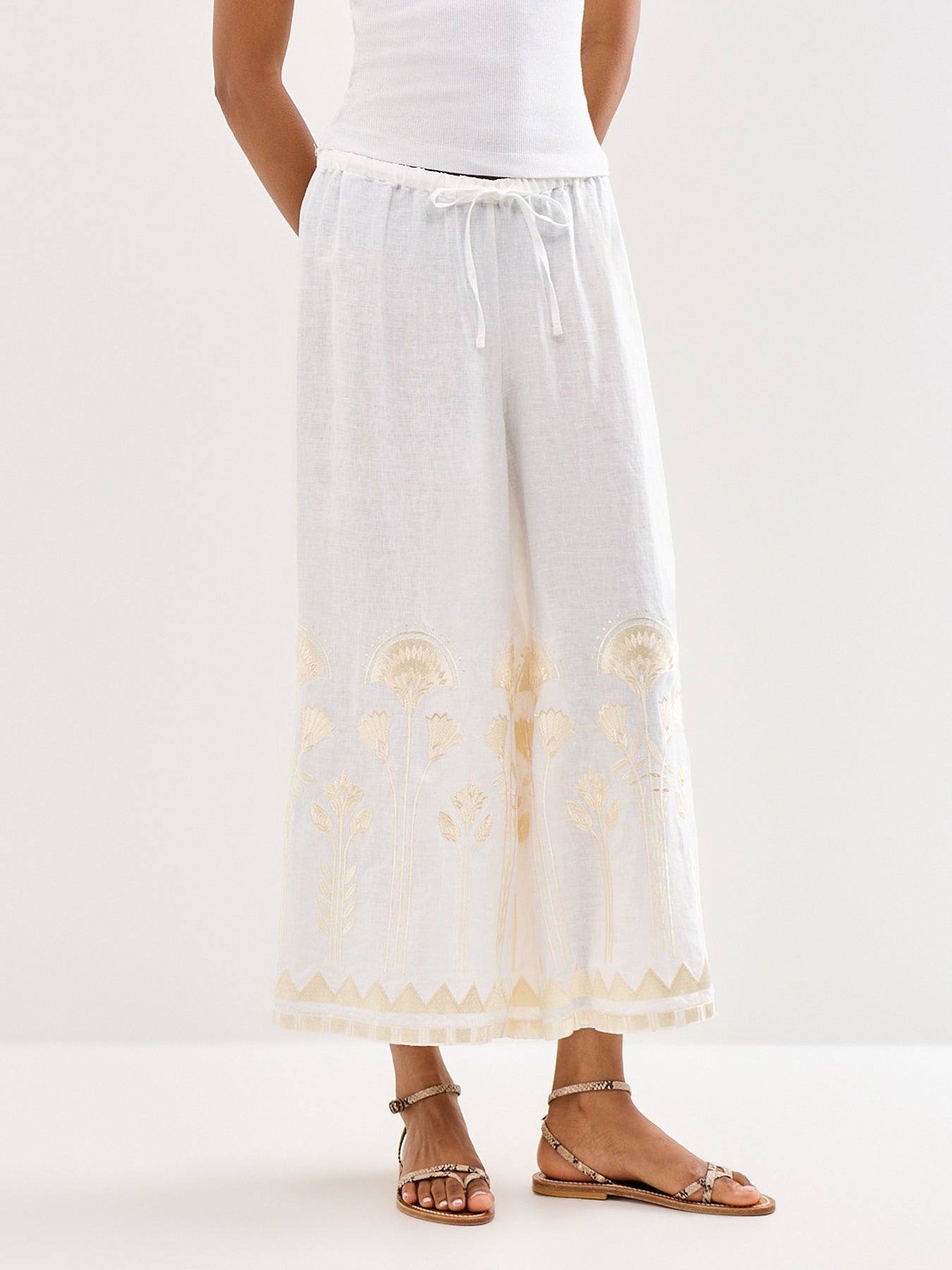 Papyrus Wide Leg Cropped Linen Trouser White