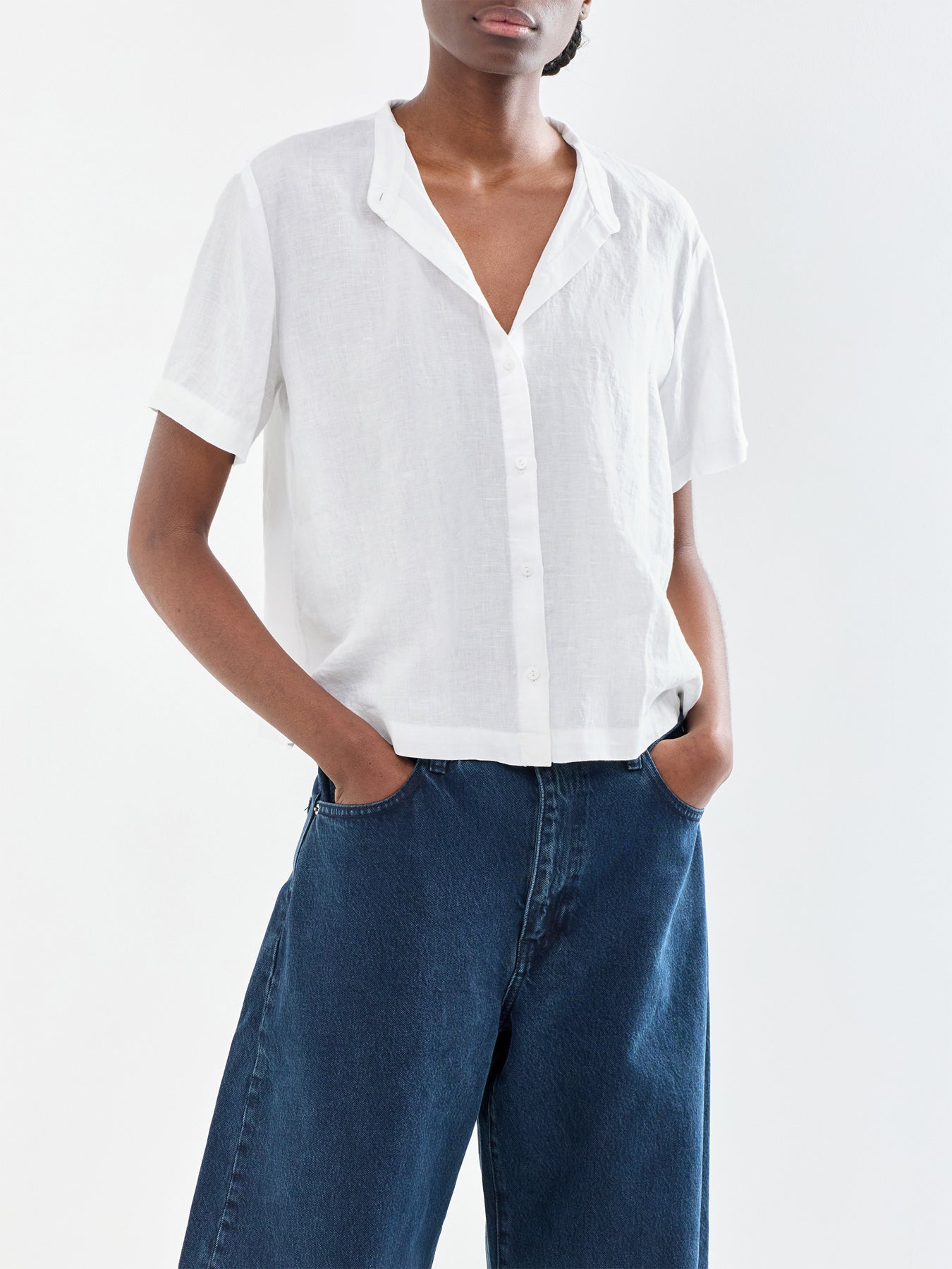 Mandarin Collar Linen Shirt White