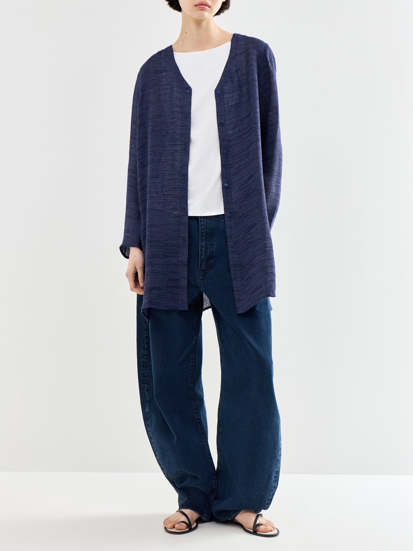 V-Neck Long Linen Shirt Navy