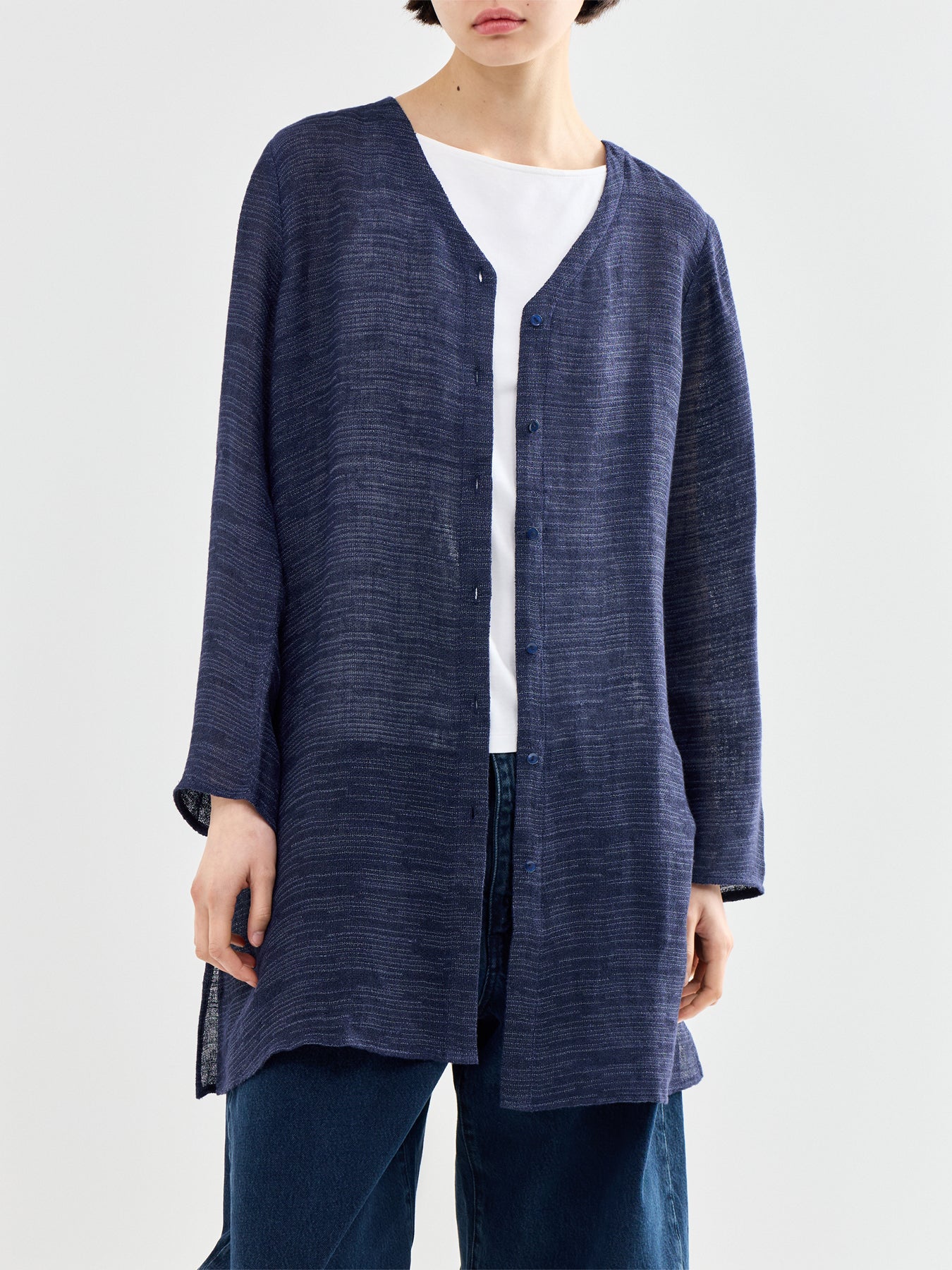 V-Neck Long Linen Shirt Navy