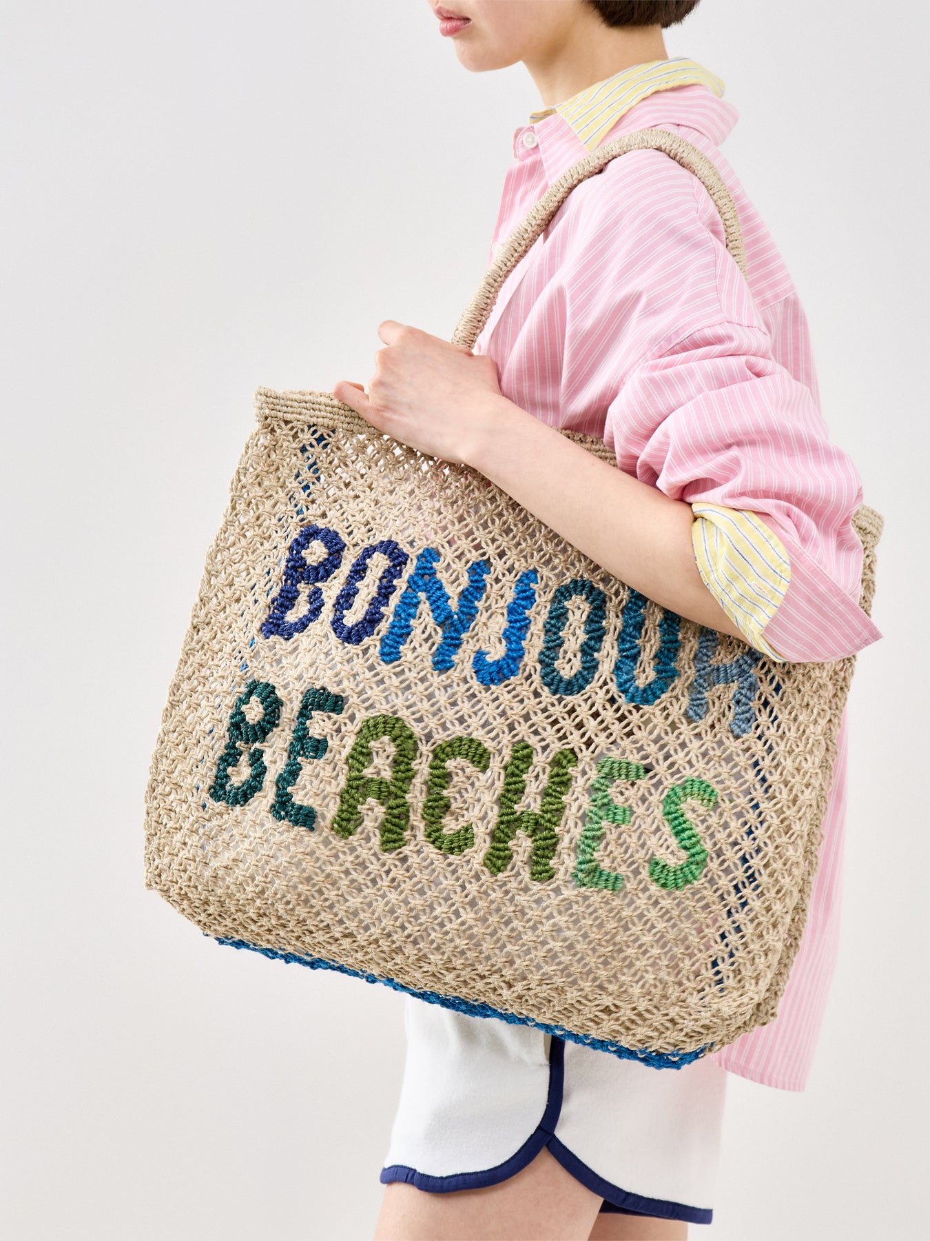 Large Bonjour Beaches Raffia Tote Bag