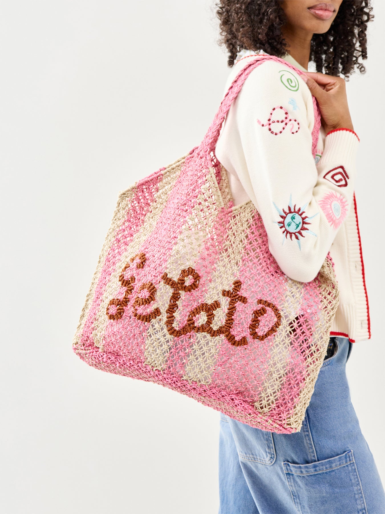 Drew Gelato Raffia Tote Bag Pink