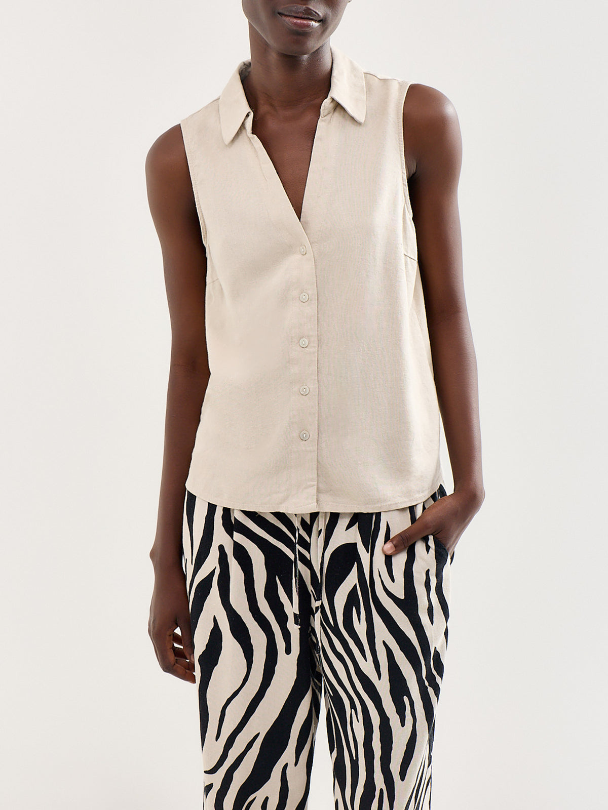 Sleeveless V-Neck Blouse Beige