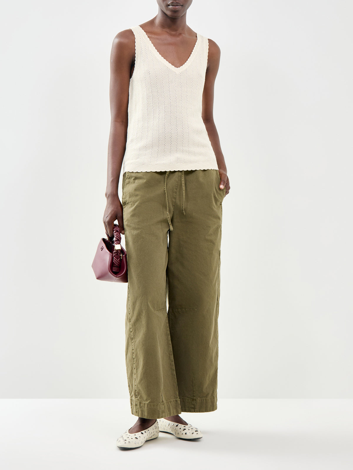 Pointelle V-Neck Tank Top Beige