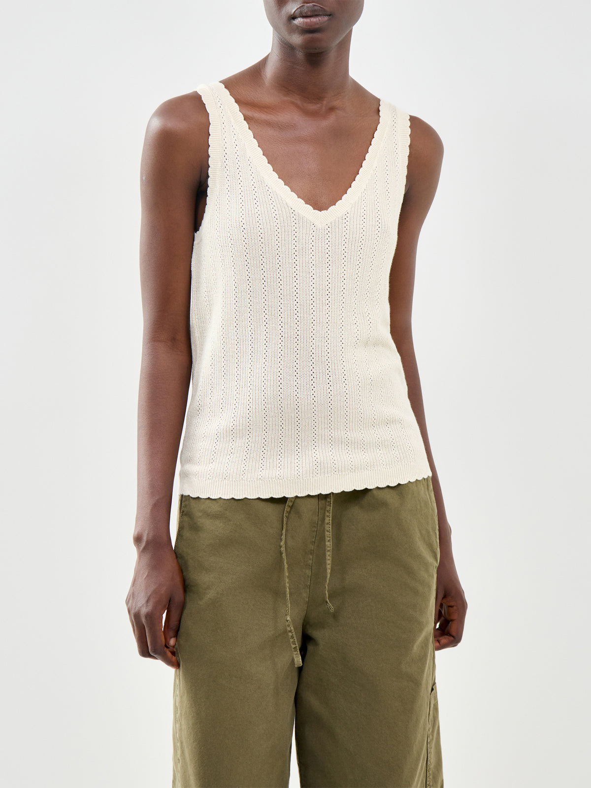 Pointelle V-Neck Tank Top Beige