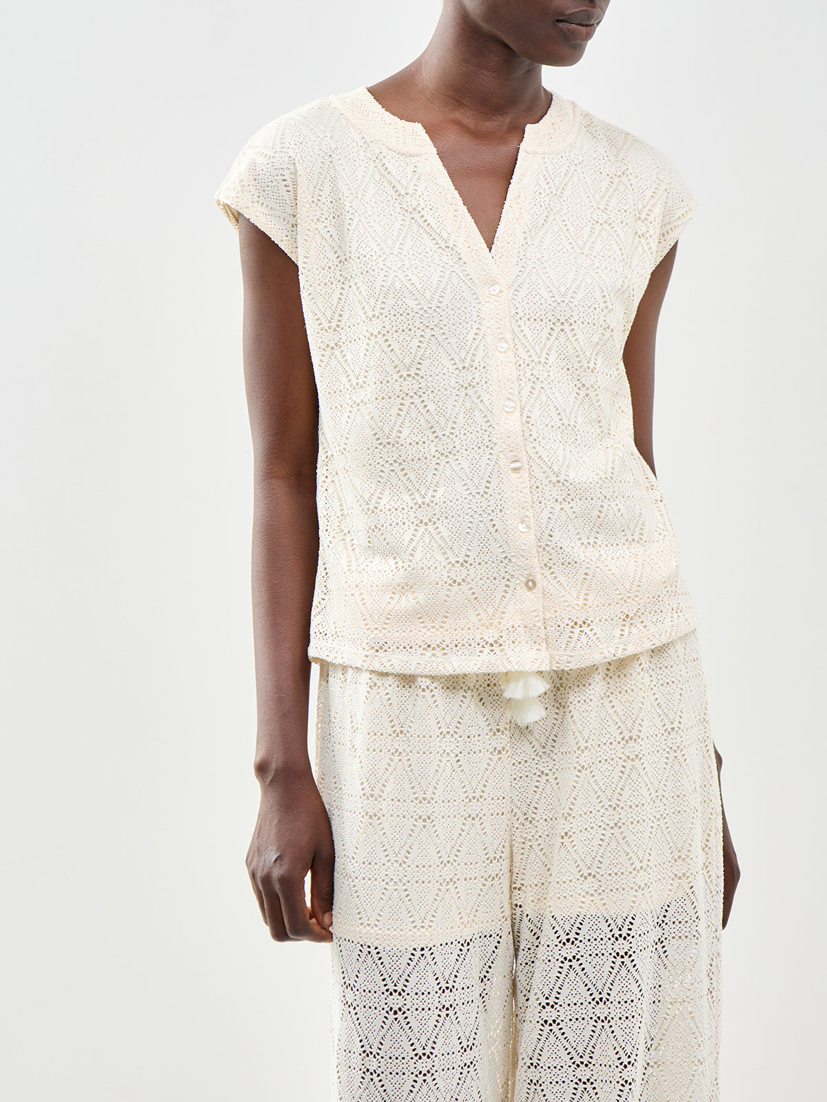 V-Neck Short Sleeve Top Beige