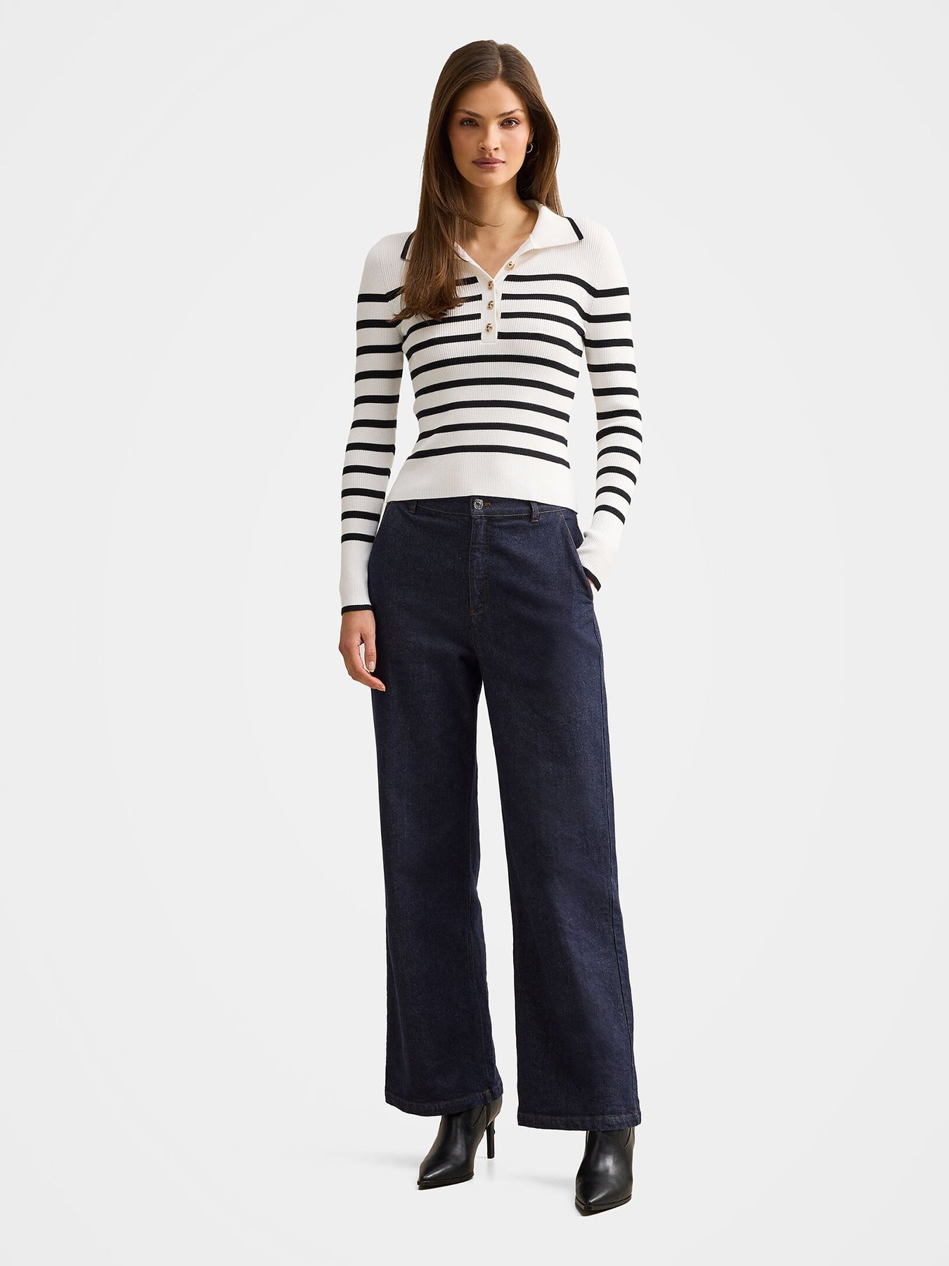 Sasha Ribbed Knitted Polo T-shirt Mono Stripe