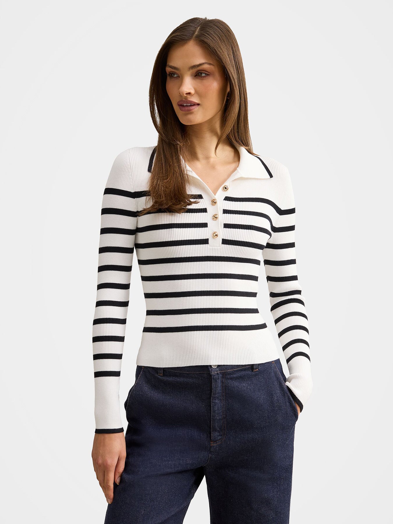 Sasha Ribbed Knitted Polo T-shirt Mono Stripe