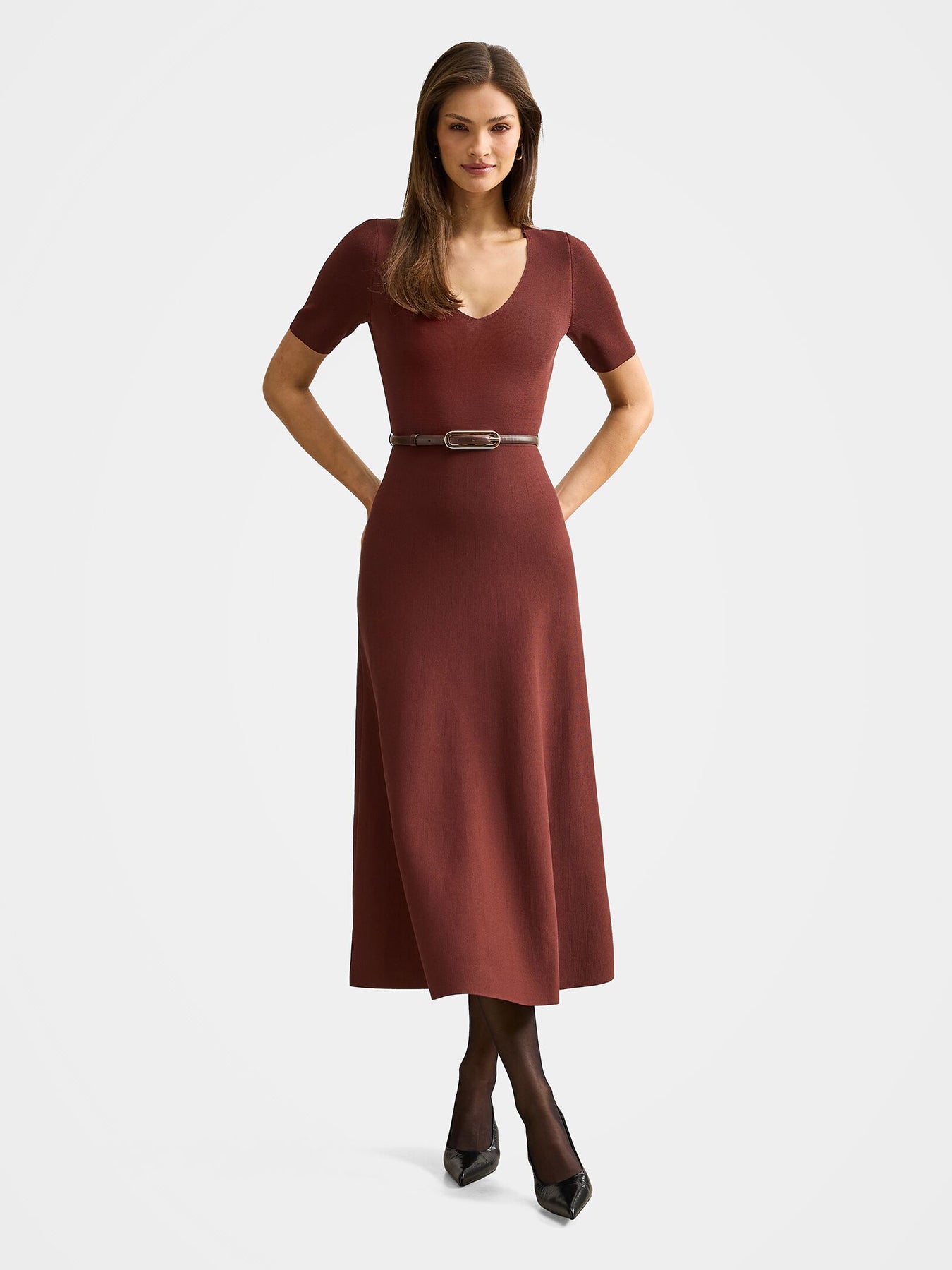 Celia Short Sleeve Midi Dress Chestnut Brown