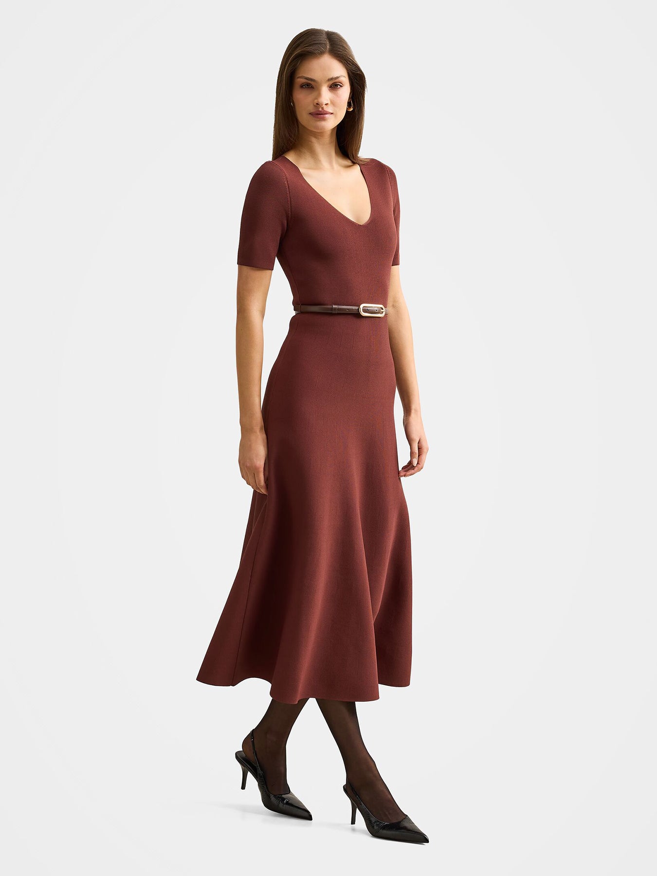Celia Short Sleeve Midi Dress Chestnut Brown