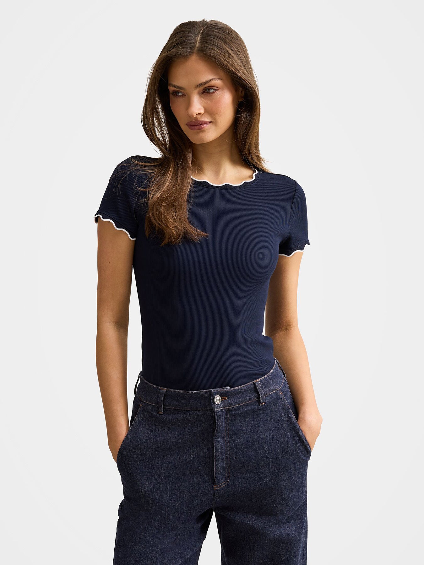 Rebecca Scallop Trim T-shirt Navy