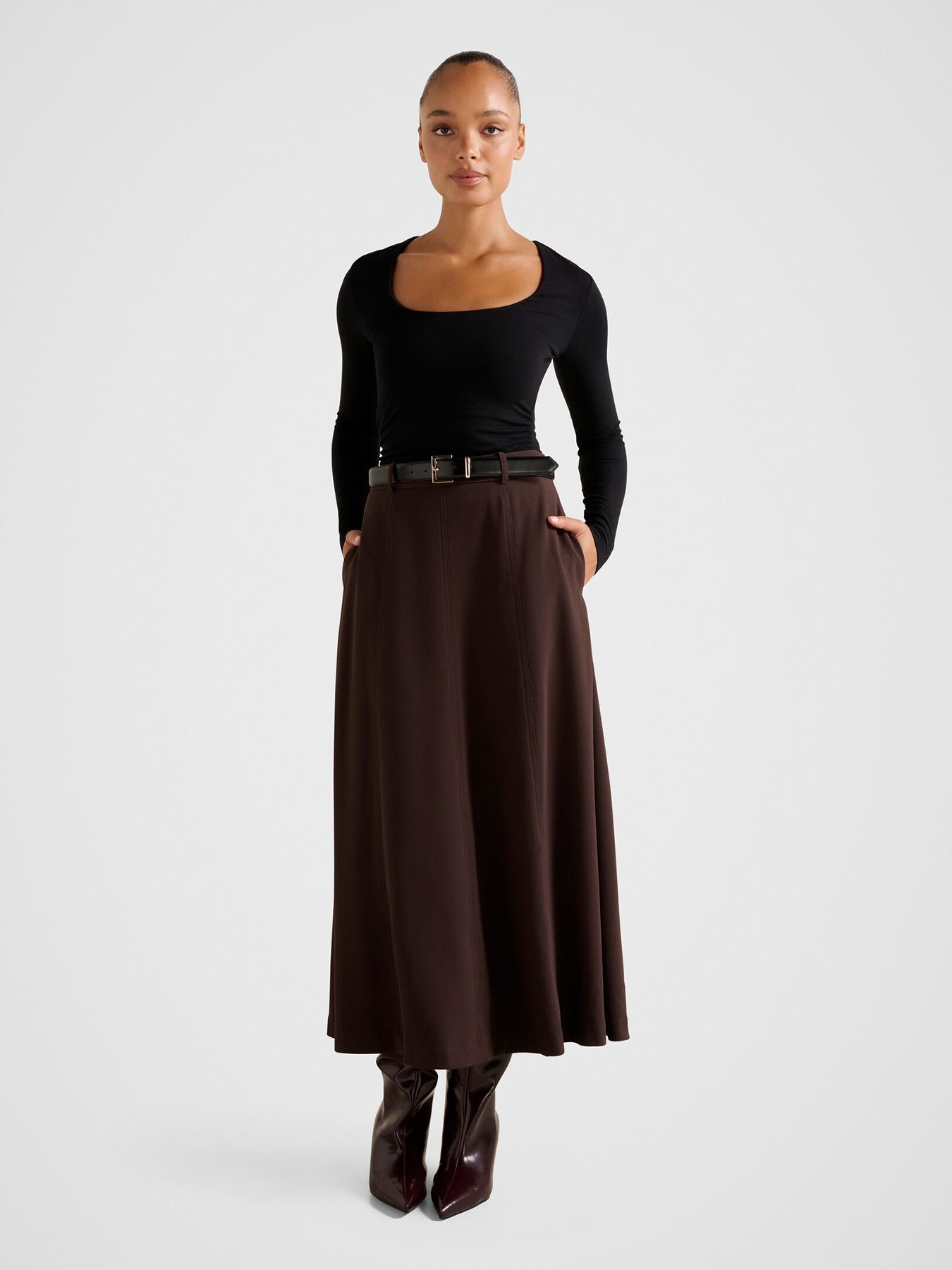 Celine Belted Midi Skirt Chocolate