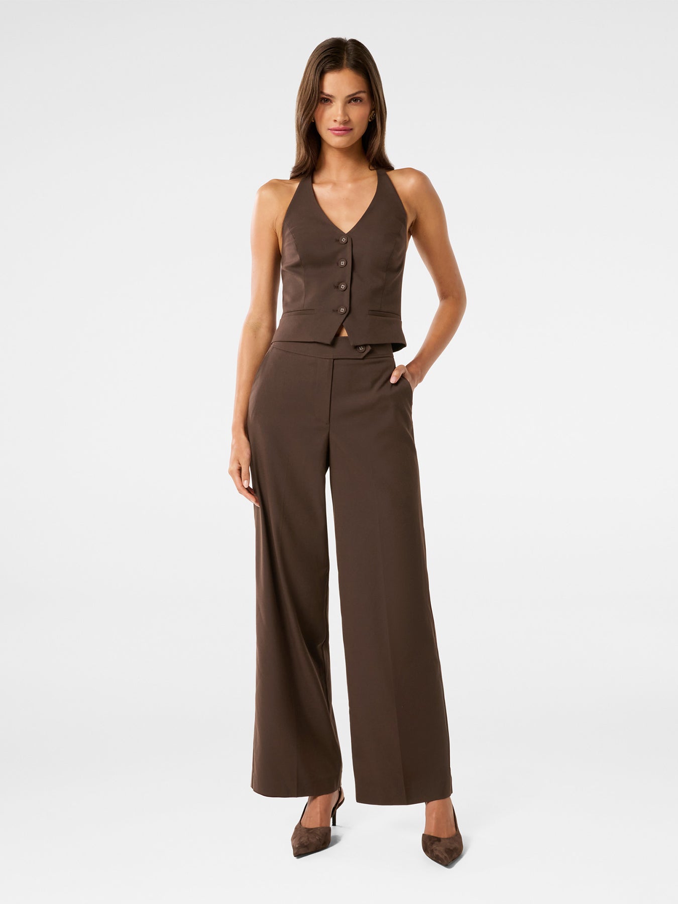 Tyla Button Tab Wide Leg Pants Chocolate Set