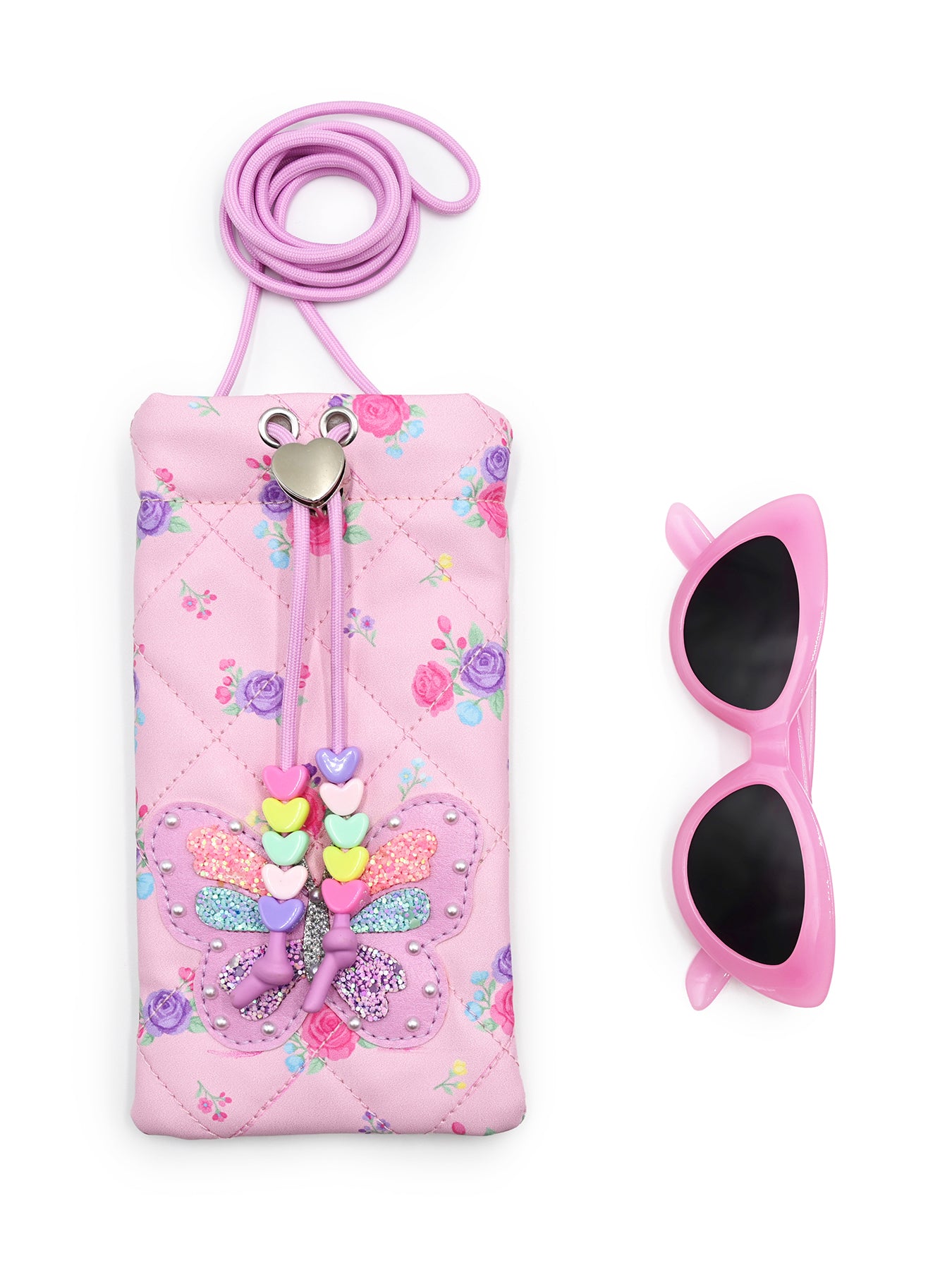 Kids' Floral Butterfly Drawstring Case And Sunglasses Set Multi
