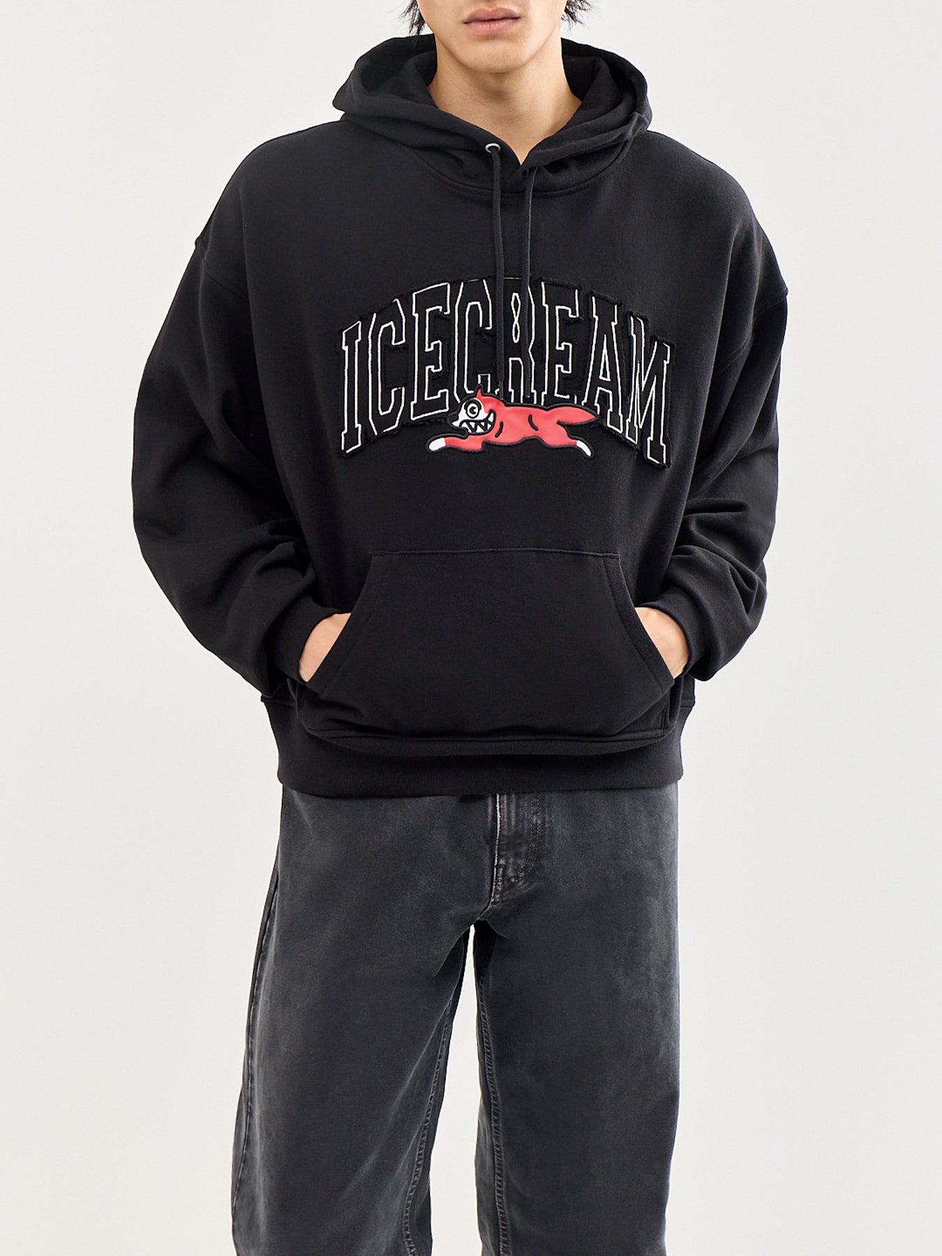 College Applique Running Dog Popover Hoodie Black