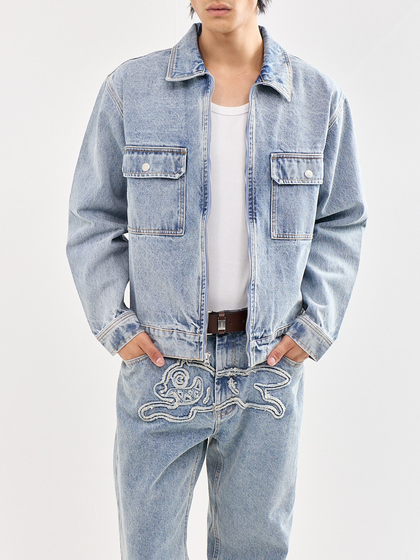 Applique Running Dog Denim Jacket Blue