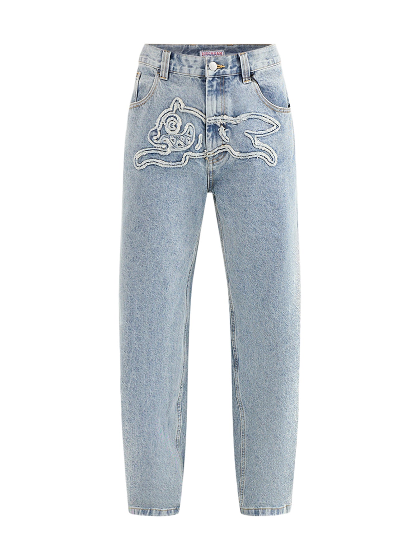 Applique Running Dog Double Scoop Denim Jeans Blue