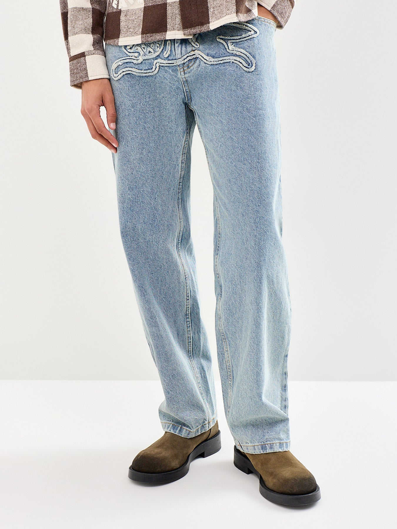 Applique Running Dog Double Scoop Denim Jeans Blue