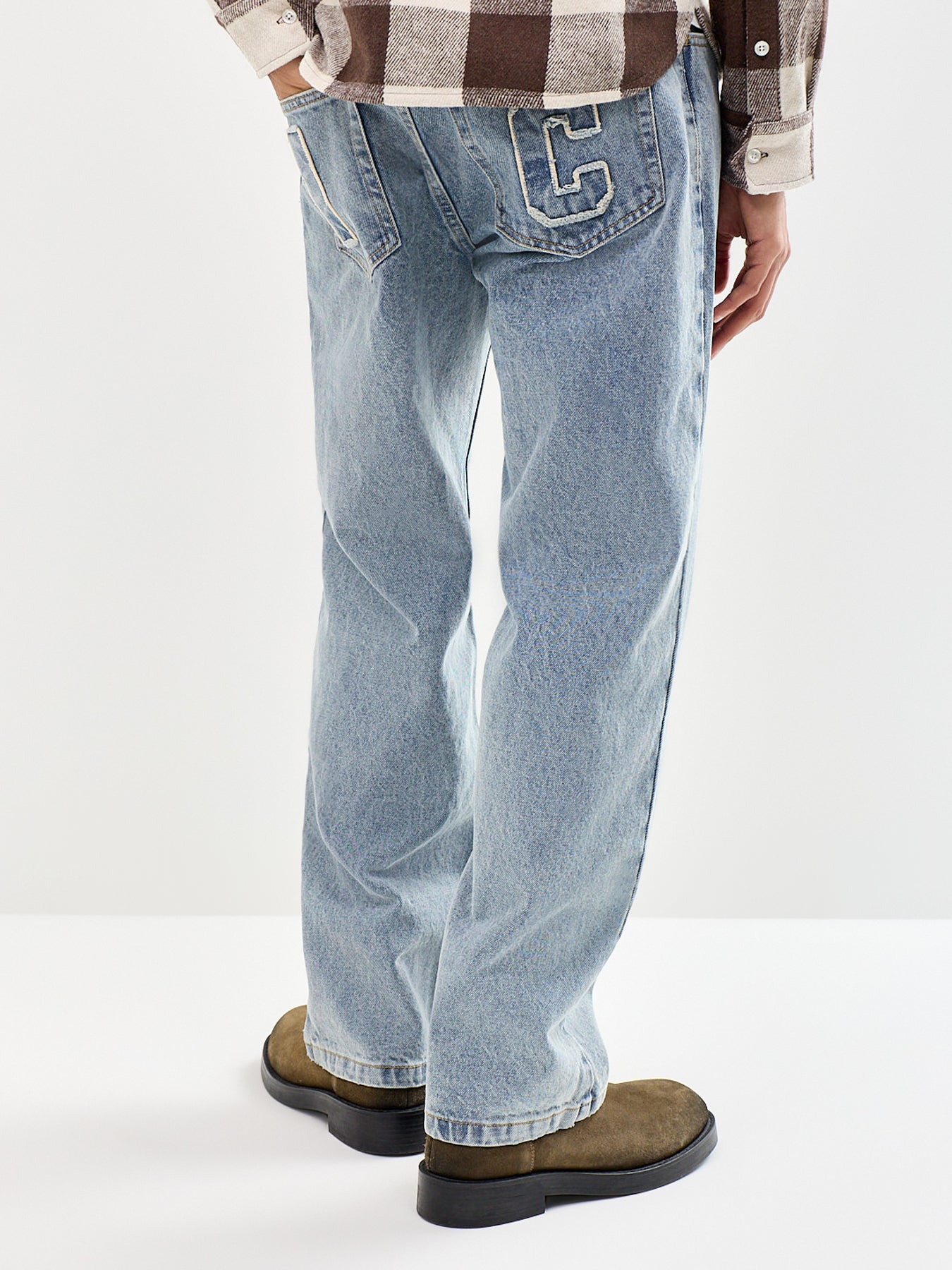 Applique Running Dog Double Scoop Denim Jeans Blue