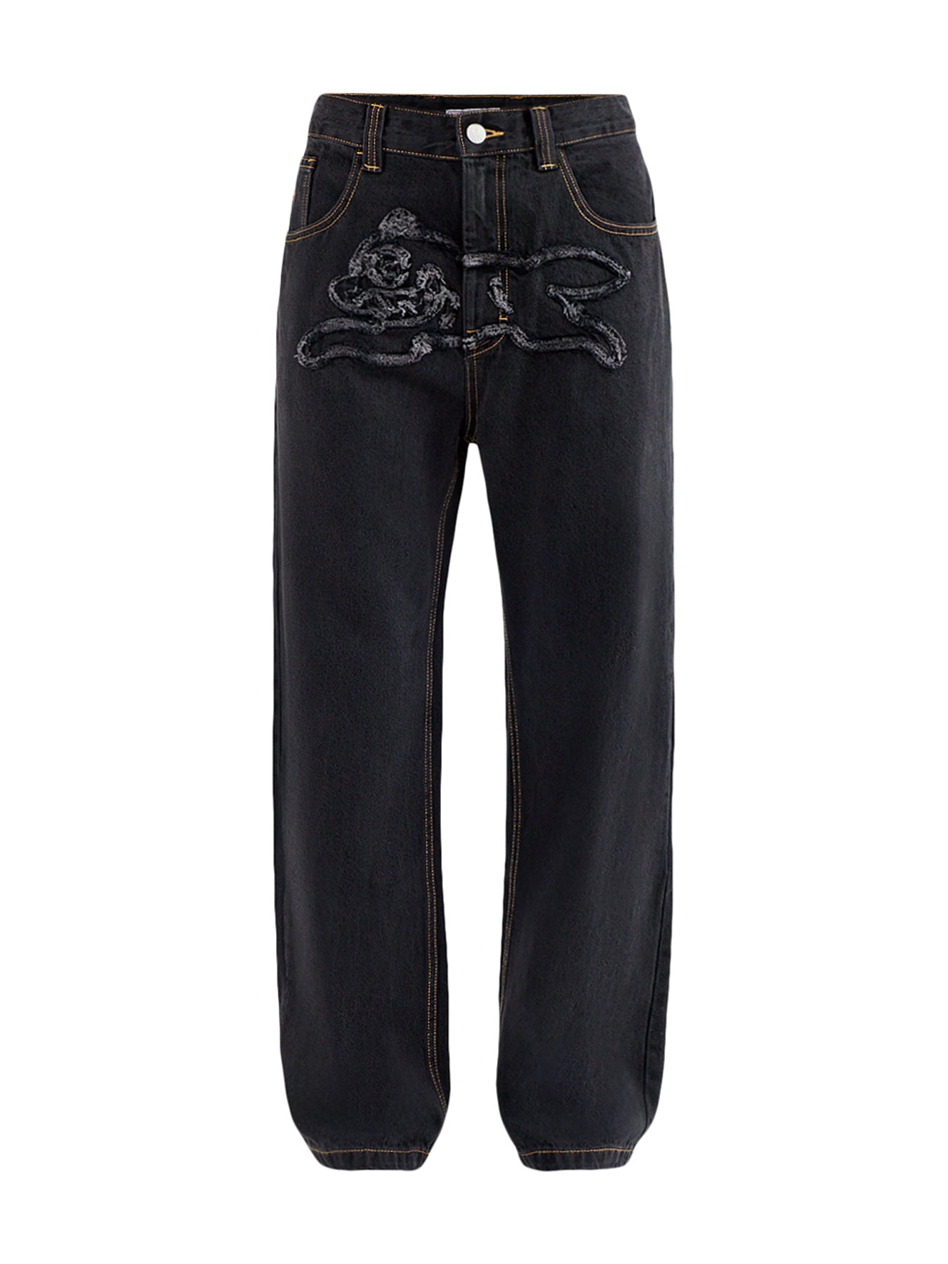 Appliqué Running Dog Double Scoop Denim Jeans Black