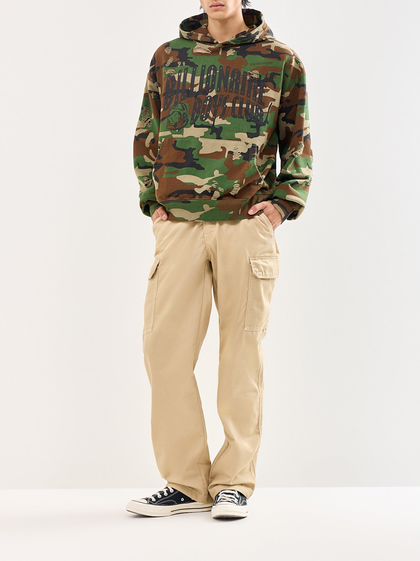 Distressed Camo Oversized Popover Hoodie Green