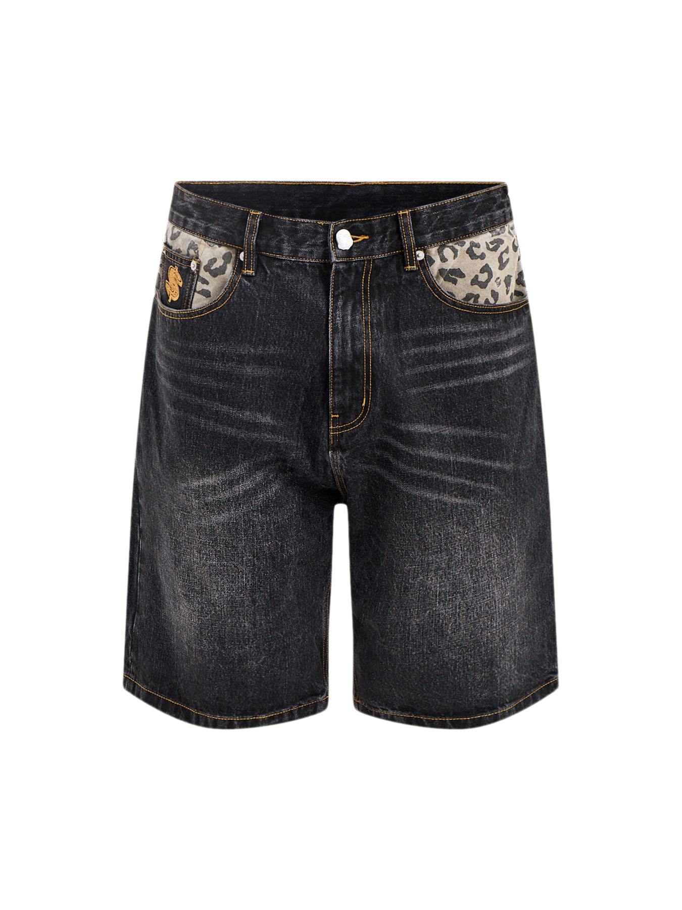 Leopard Print Panel Astro Denim Shorts Black