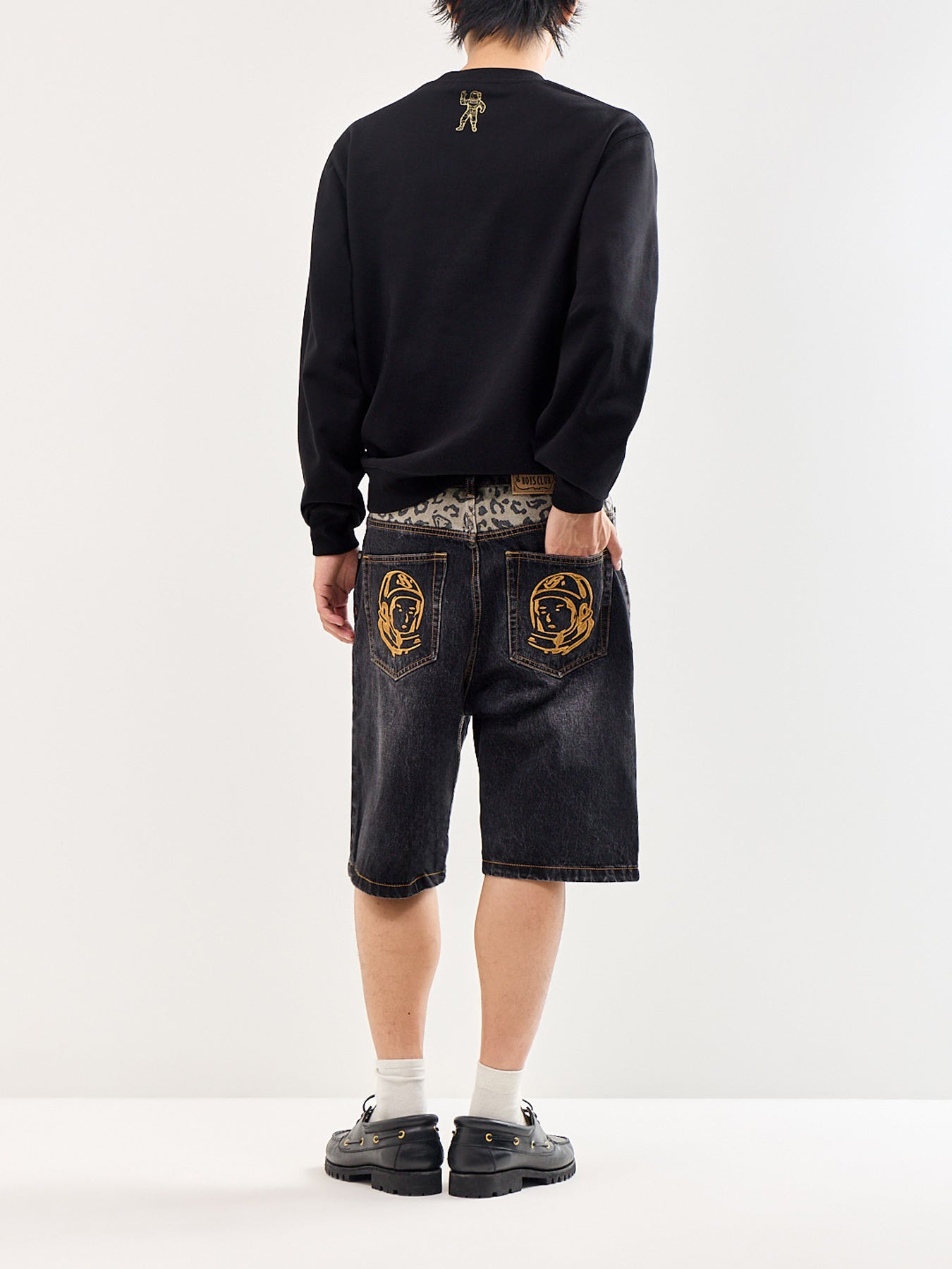 Leopard Print Panel Astro Denim Shorts Black
