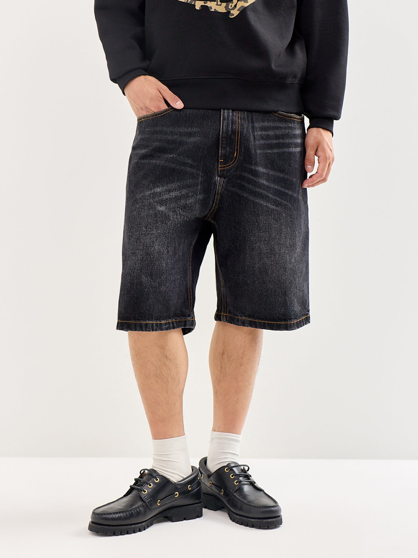 Leopard Print Panel Astro Denim Shorts Black