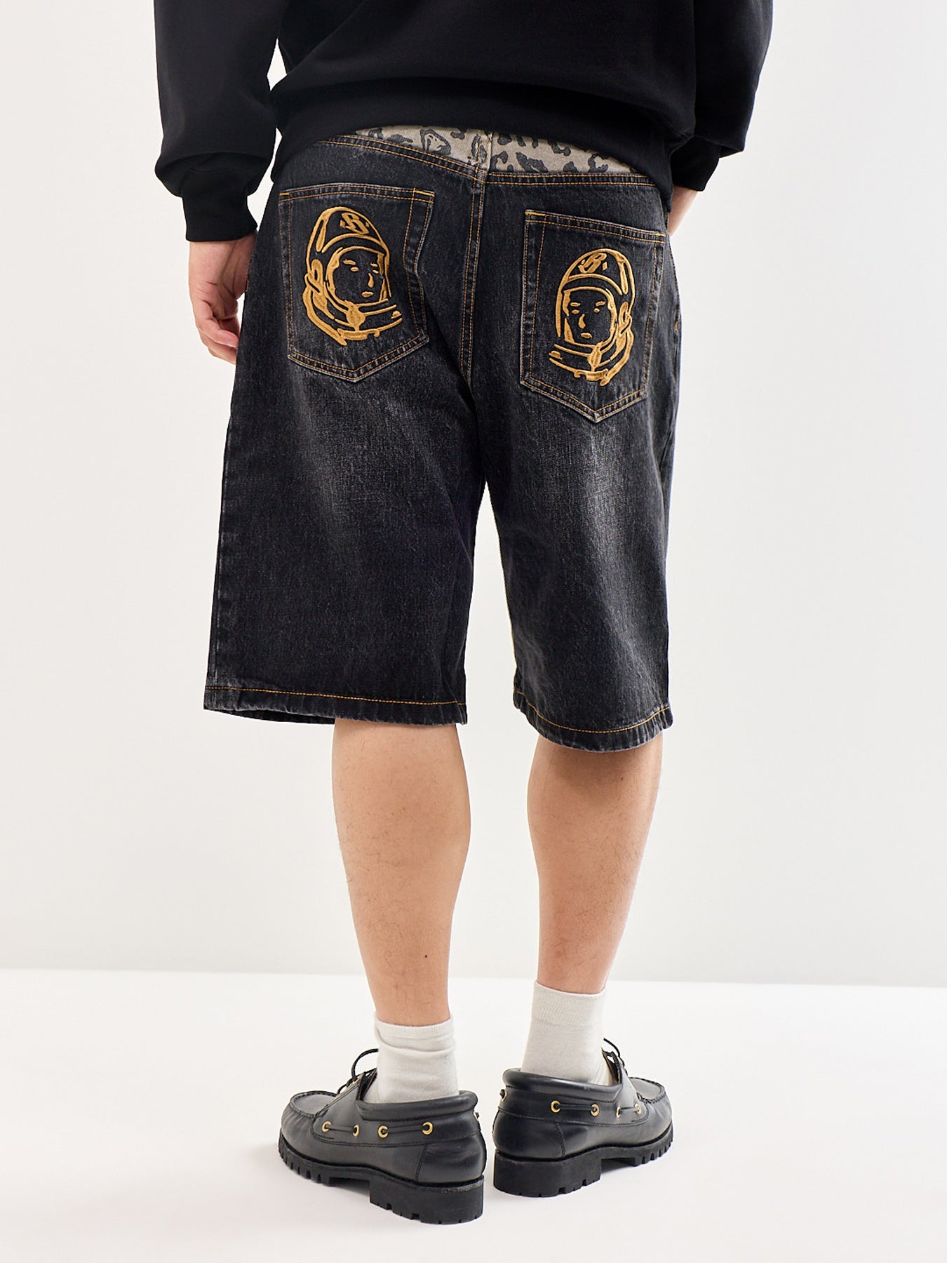 Leopard Print Panel Astro Denim Shorts Black