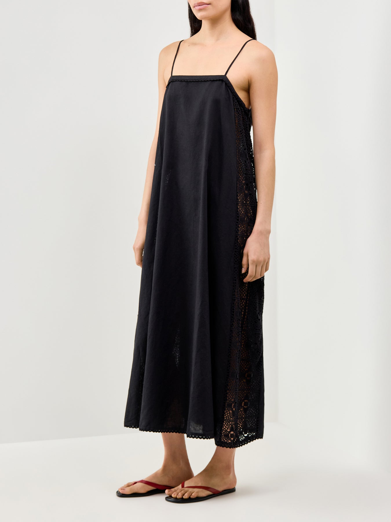 Linen Blend Lace Maxi Dress Black