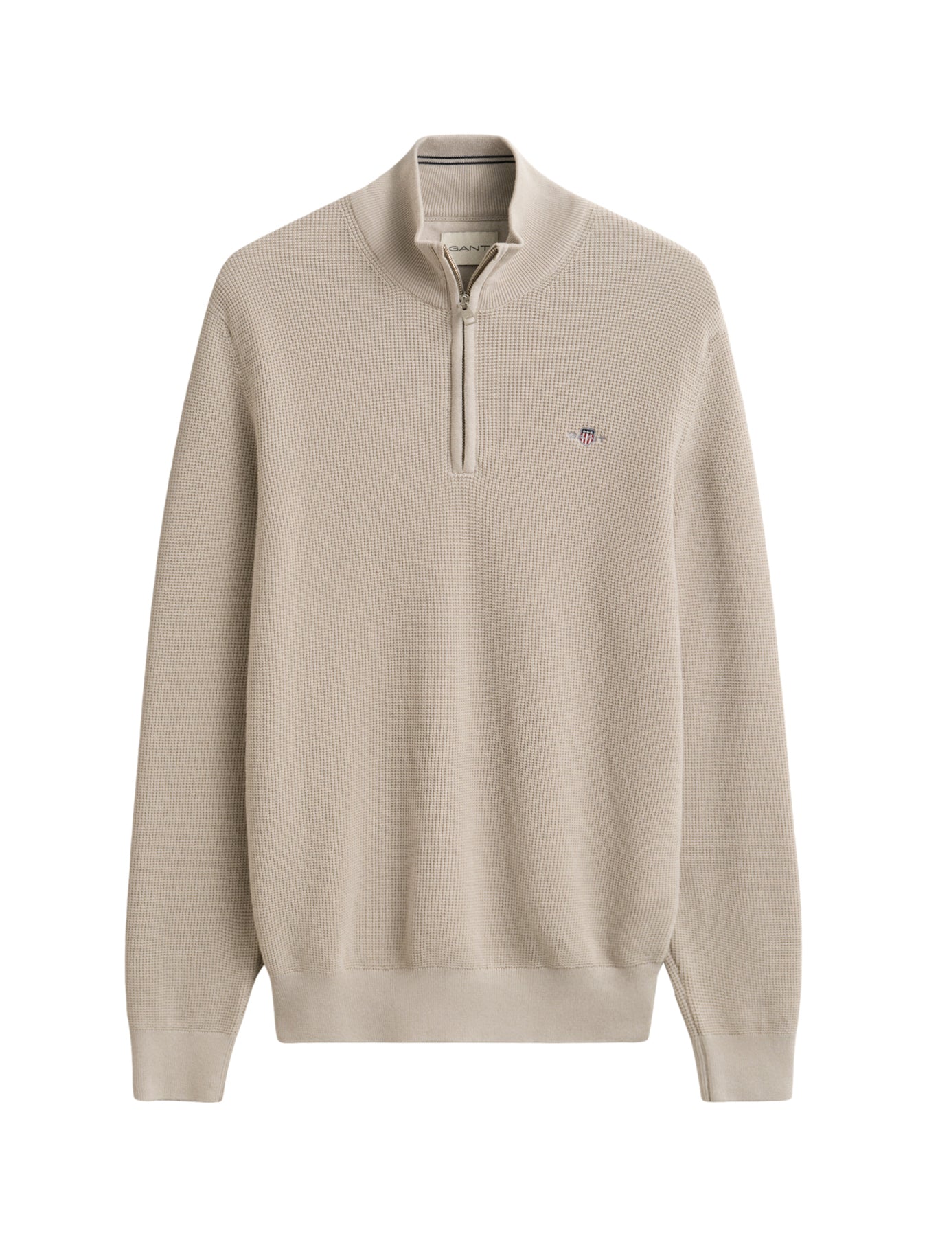 Micro Textured Cotton Half Zip Jumper Beige