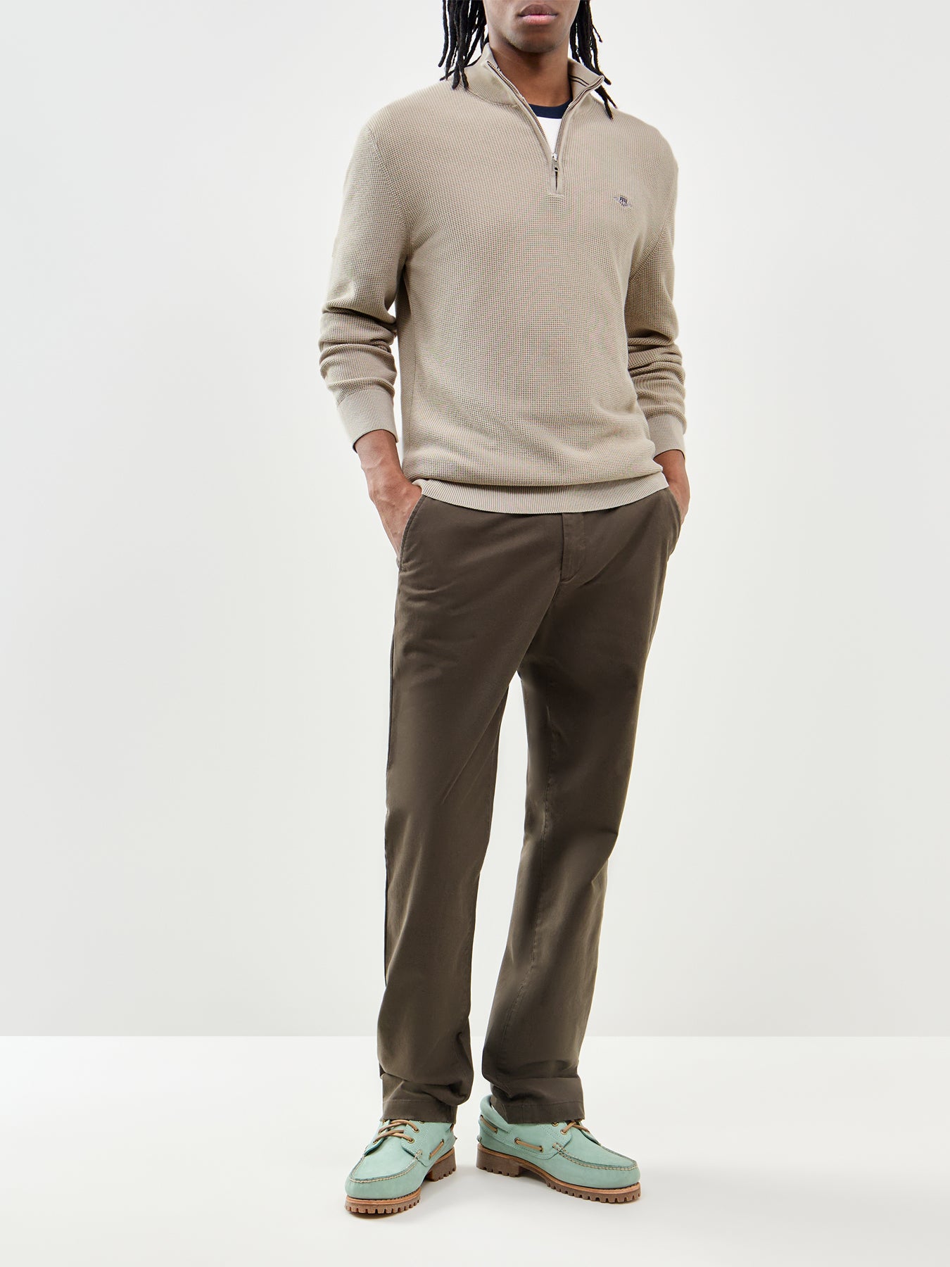 Micro Textured Cotton Half Zip Jumper Beige