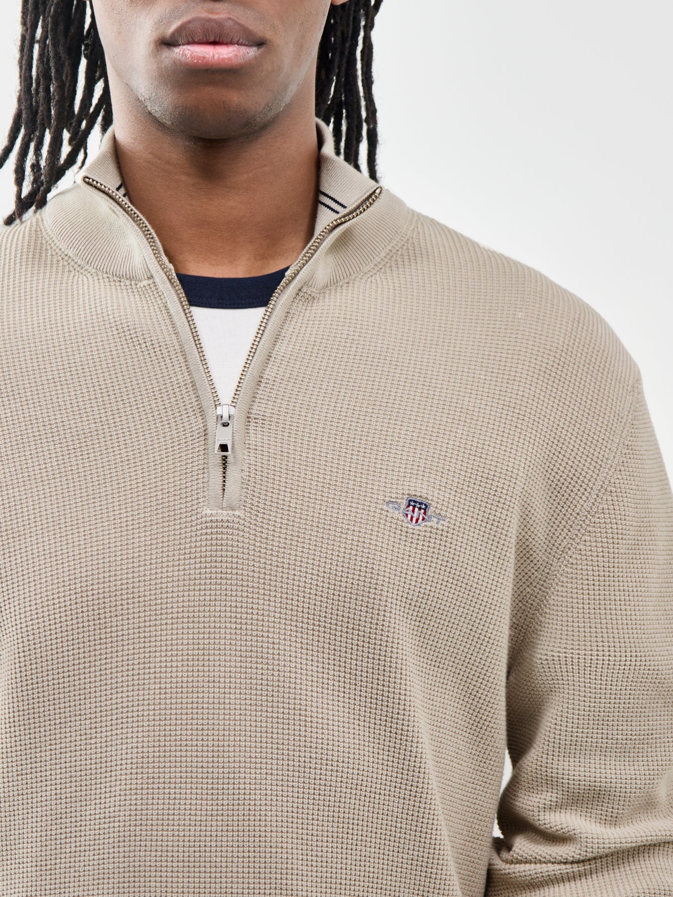 Micro Textured Cotton Half Zip Jumper Beige