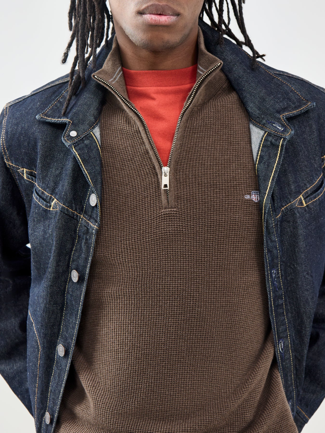 Micro Textured Cotton Half Zip Jumper Brown