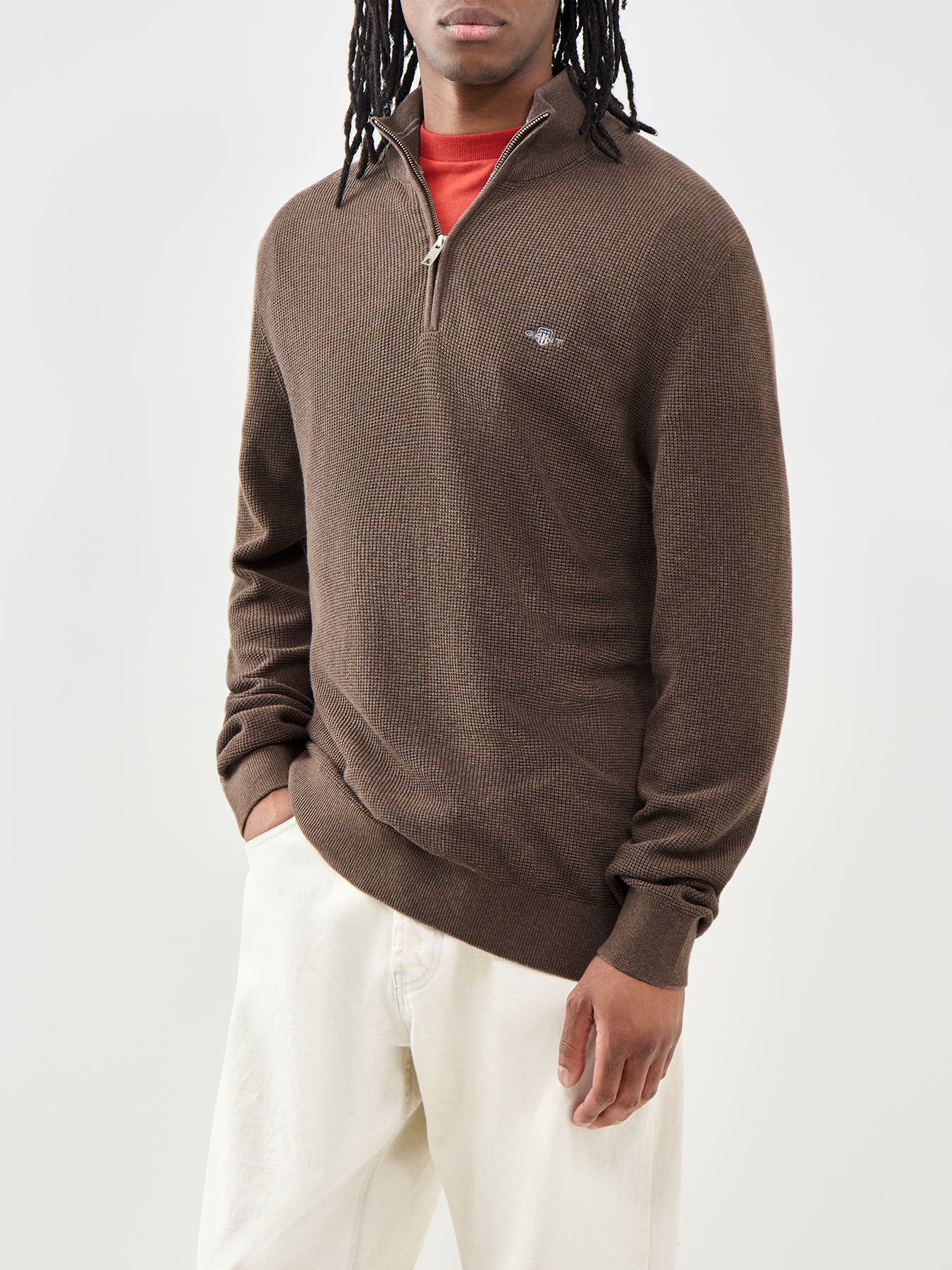Micro Textured Cotton Half Zip Jumper Brown