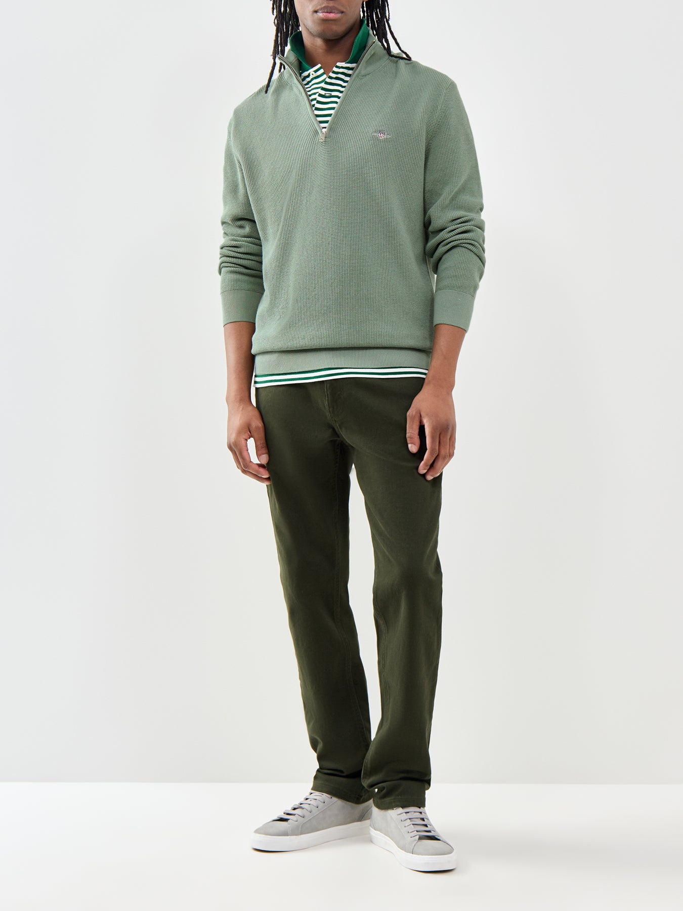 Micro Textured Cotton Half Zip Jumper Green